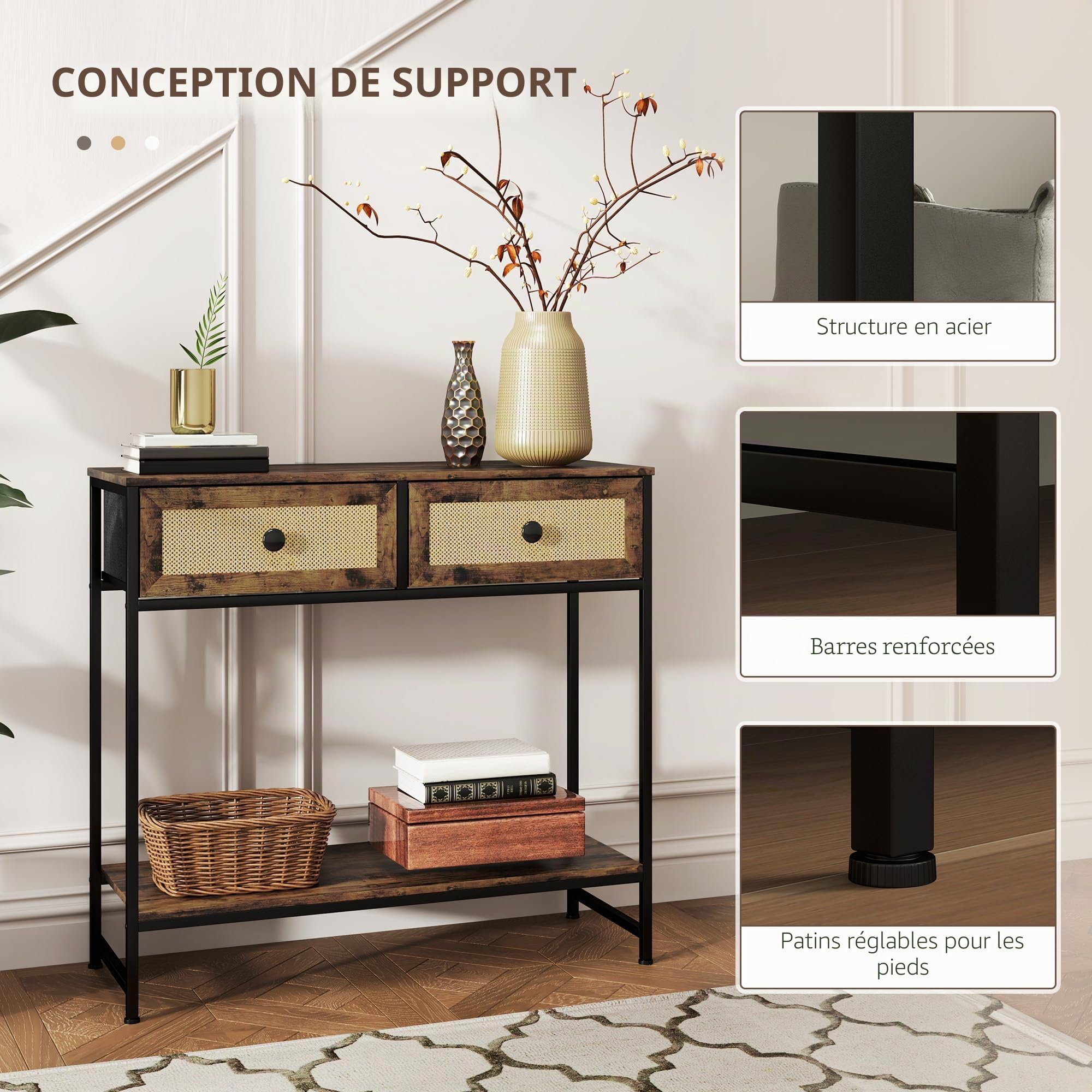 HOMCOM Table Console d'entrée 2 tiroirs 80x30x75 cm Brun Rustique