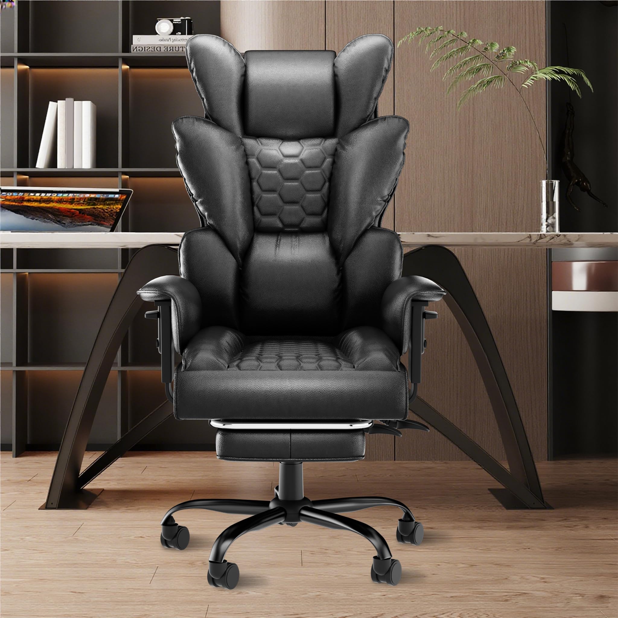 ACXIN Silla de oficina ergonómica de piel sintética con respaldo alto, ajustable 150°, reposabrazos ajustables y reposapiés para oficina, oficina en casa y juegos (negro, capacidad de carga 150 kg)