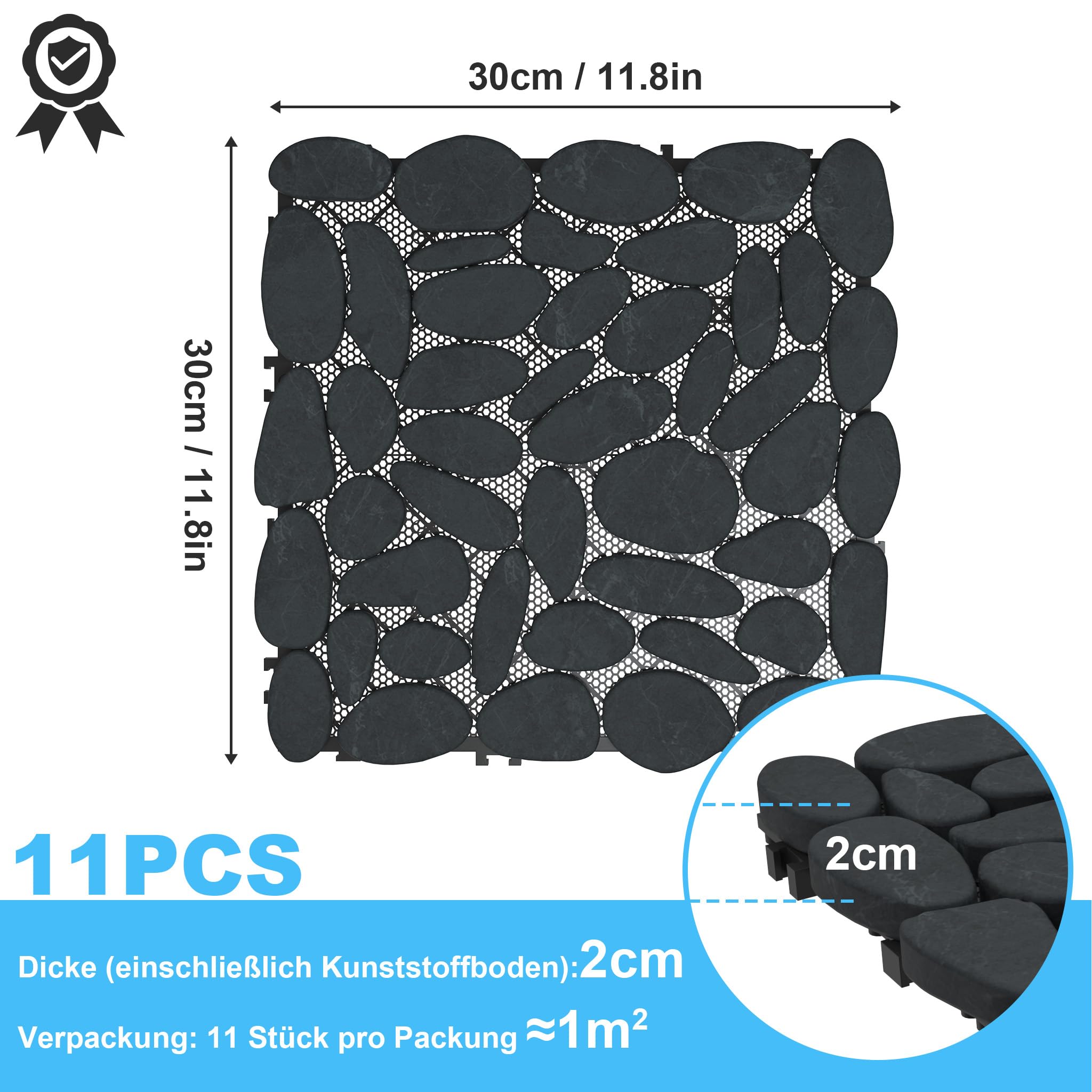 FIVMEN Baldosas de piedra para terraza, 30 x 30 cm, para exteriores, de piedras de río naturales, con sistema de clic, para terraza, balcón, 11 piezas, tipo D