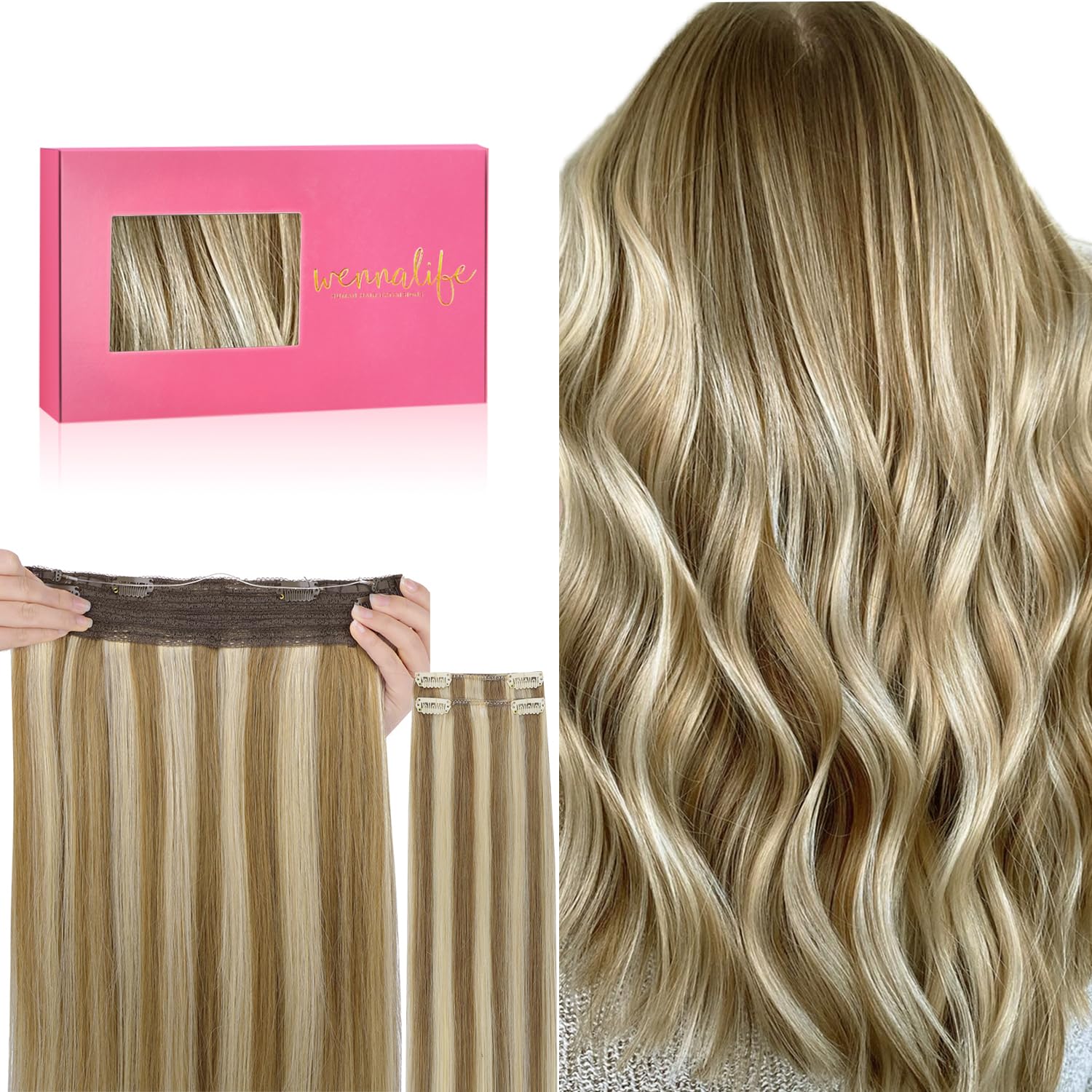 WENNALIFE Wire Hair Extensions (Increase 50% Lifespan) Real Human Hair 14 inch 75g Balayage Dark Brown to Chestnut Remy Invisible Transparent Fish Line — view 53