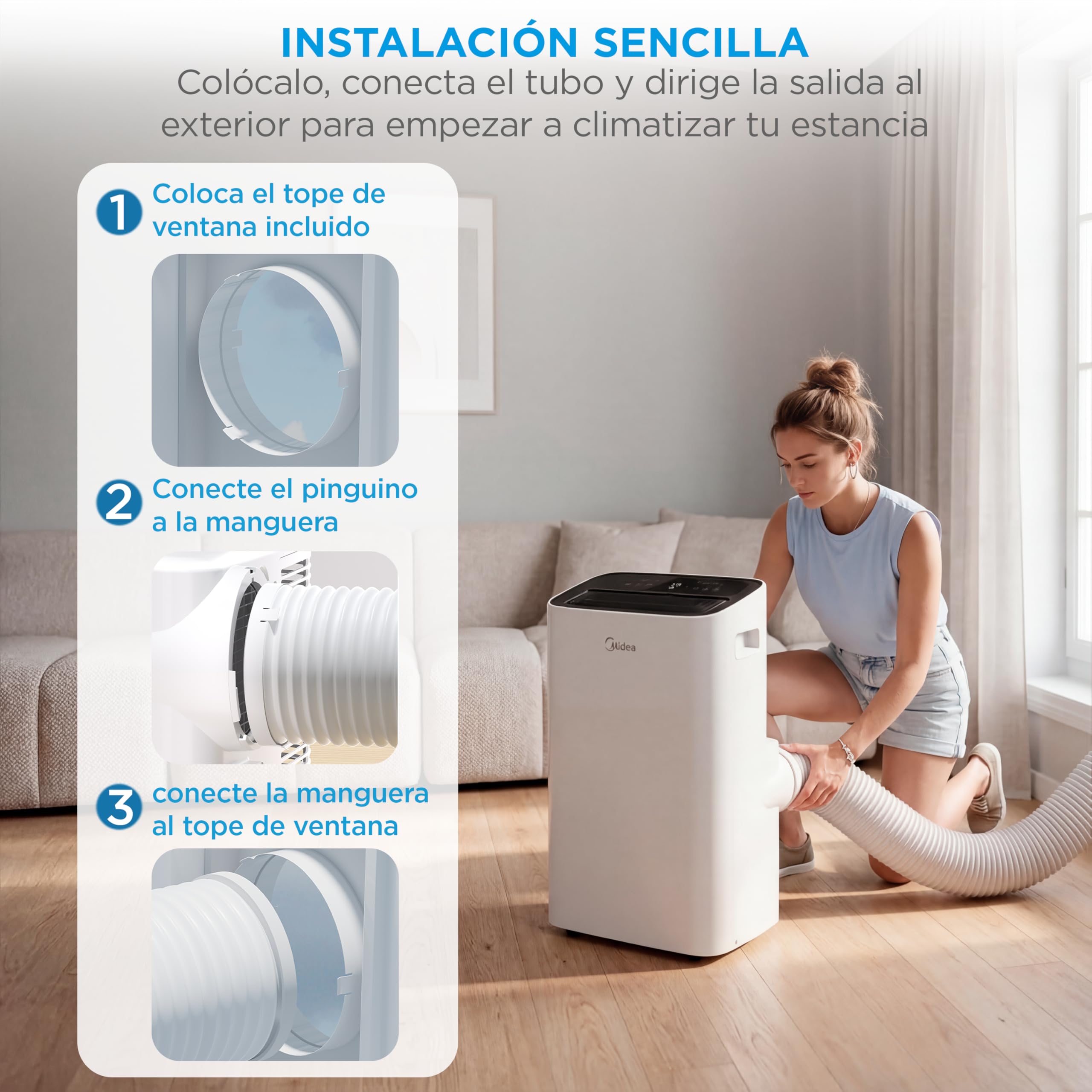 MIDEA Pingüino Aire Acondicionado Portátil 4 en 1 | 3000 Frigorías/12.000 BTU con Control por App | Climatizador y Deshumidificador hasta 35m2 - Modo Sleep, Mando a Distancia | Incluye kit de ventana