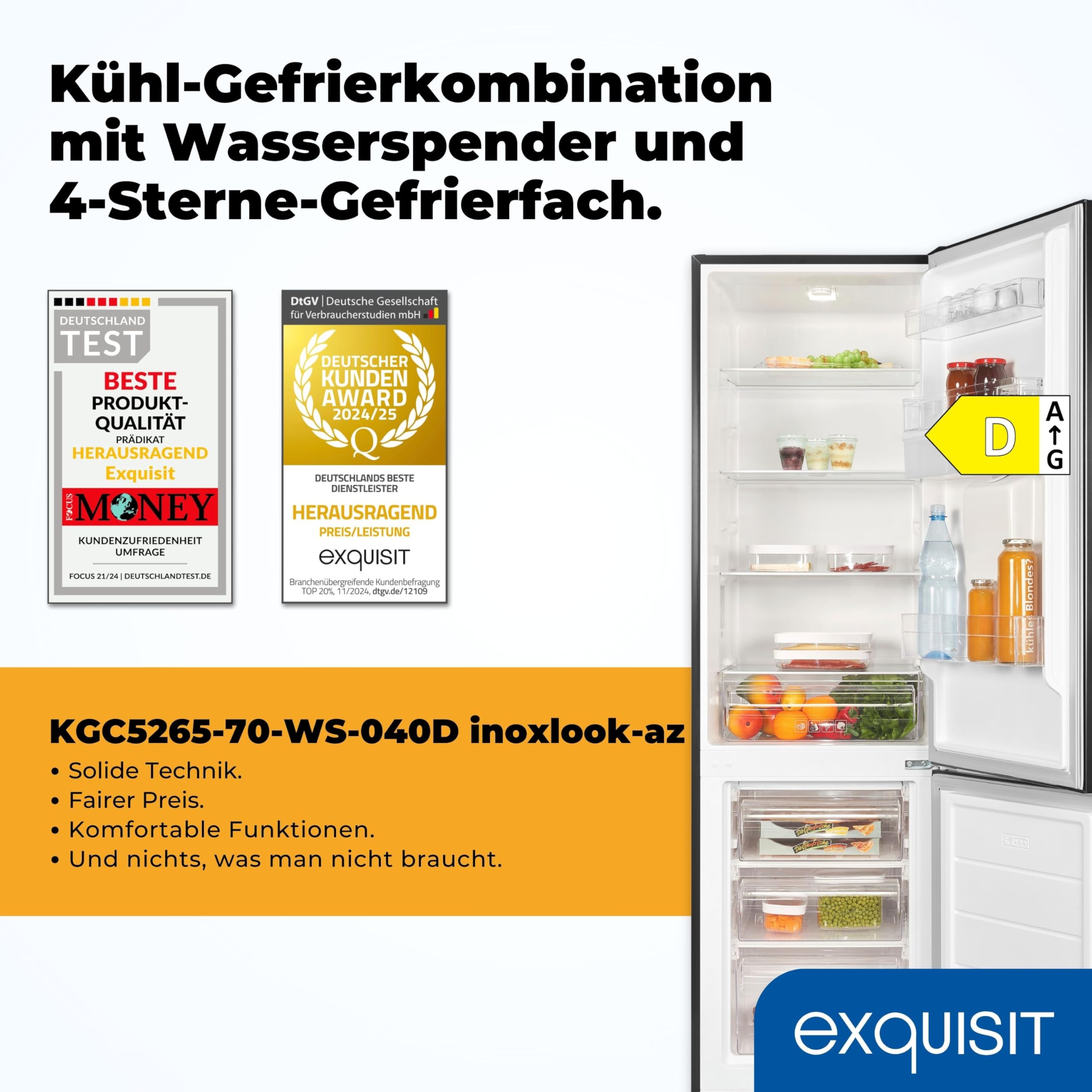 Exquisit Kühl-Gefrierkombination KGC5265-70-WS-040D 260 l Nutzinhalt Energieklasse D 40 dB(A) Wasserspender LED-Beleuchtung inoxlook