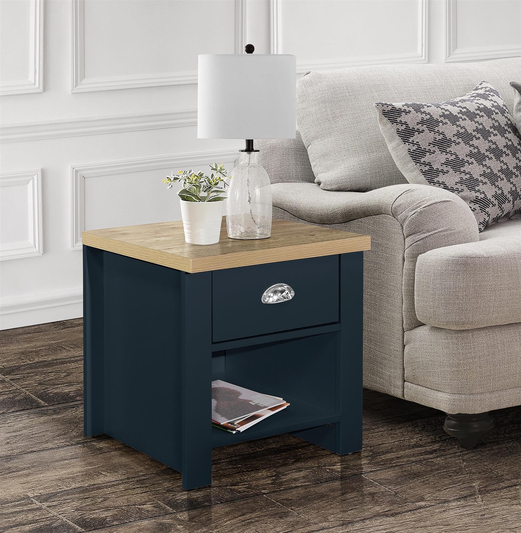 Save On Goods UK Navy Blue,Oak Finish Wood Wooden Bedroom Cabinet,Wardrobe,Chest Drawers,Bedside,Furniture (1 Drawer Lamp Table)