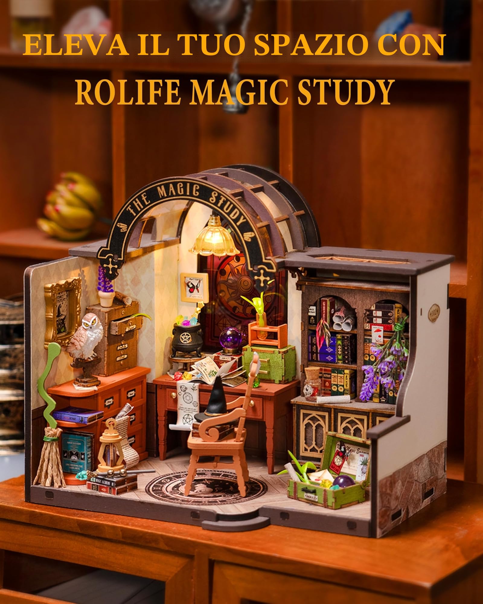 Rolife Kit per casa in miniatura fai da te, mini kit di costruzione della casa Lo studio magico, kit in miniatura per casa delle bambole da scrivania, decorazione per libreria, modello regalo DG166