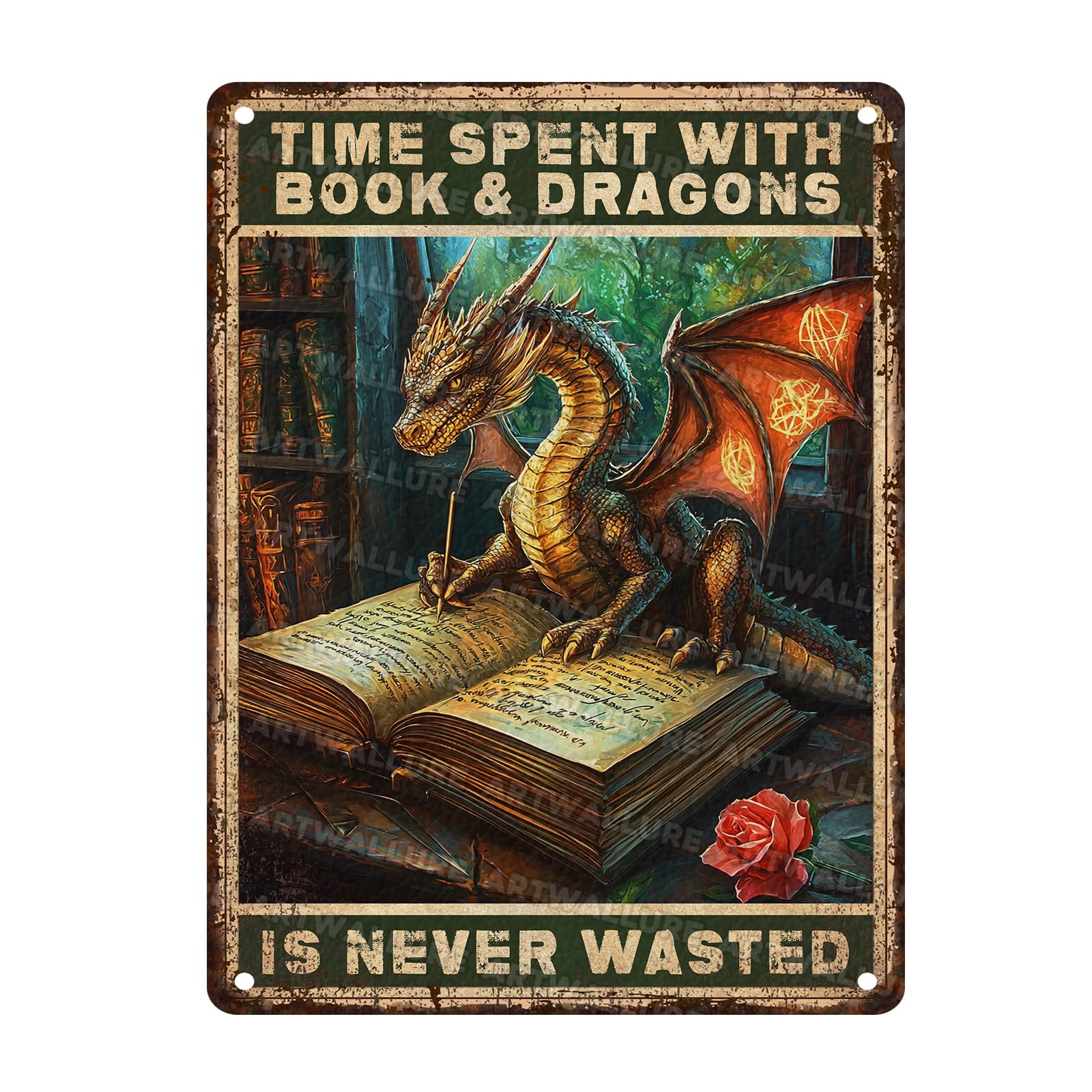 Tin Dragon Metal Sign Vintage Time Spent With Books And Dragons Is Never Wasted Vintage Sign Quote Rustic Library Decor for Study Office Home 12x16 Inch