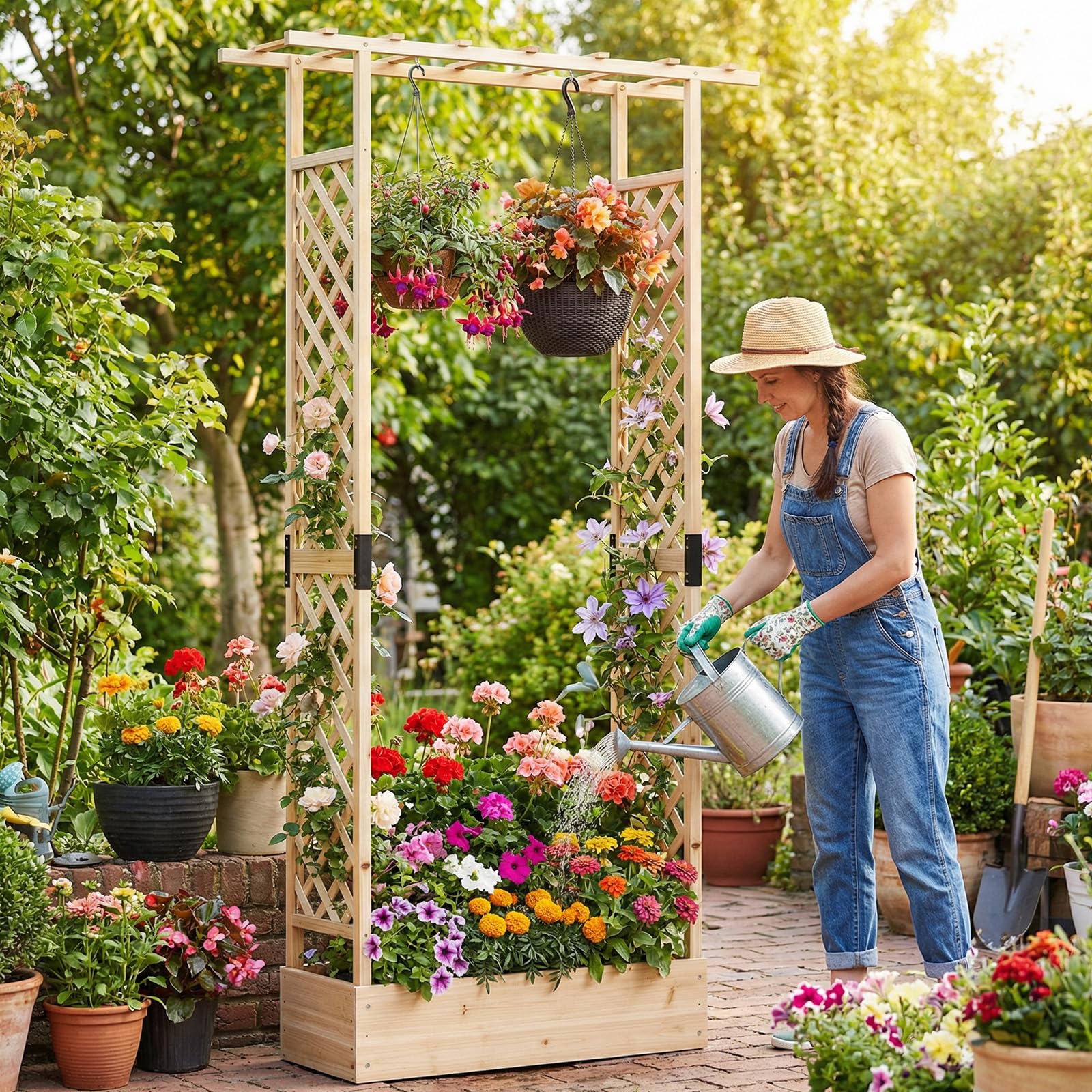 COSTWAY Fioriera Rialzata con Grigliato, Letto da Giardino Rialzato in Legno con Traliccio, Tetto e Fori di Drenaggio, Aiuola Elevata per Piante Rampicanti, Viti e Fiori (Naturale,110 x 35 x 227 cm)