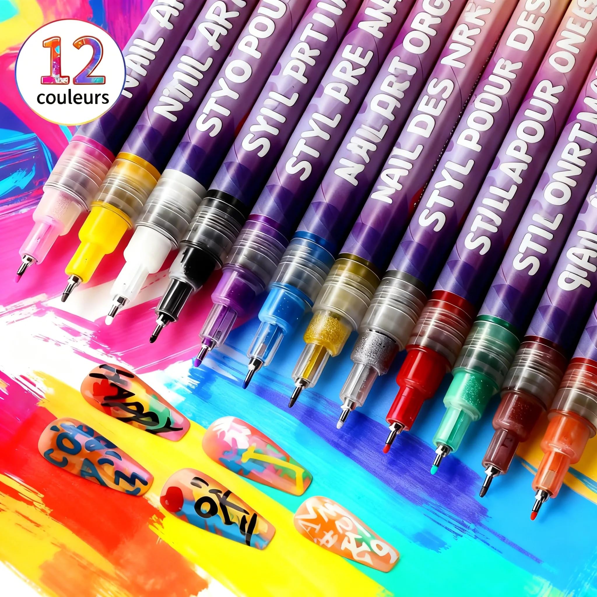 Stylo 3D Nail Art Professionnel - Kit de 12 Feutres Vernis à Ongles avec Pointe Métallique Fine 0.5mm, pour deco ongle nail art, Graffiti (12 Couleurs)