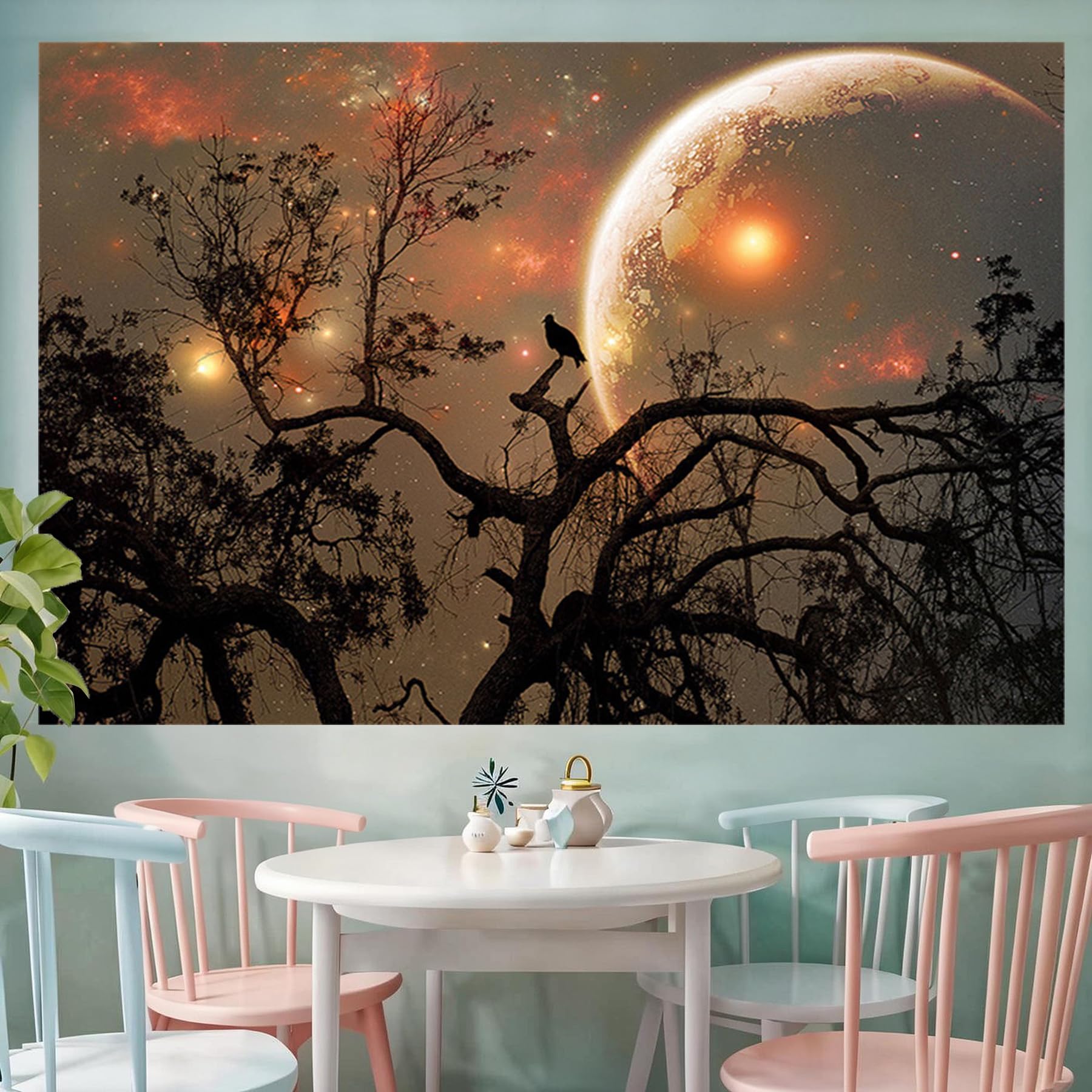SULLOTSY 7x5ft Polyester Night Starry Backdrop Tree Bird Galaxy Moon Star Photography Background Milky Way Galaxy Themed Party Decorations Children