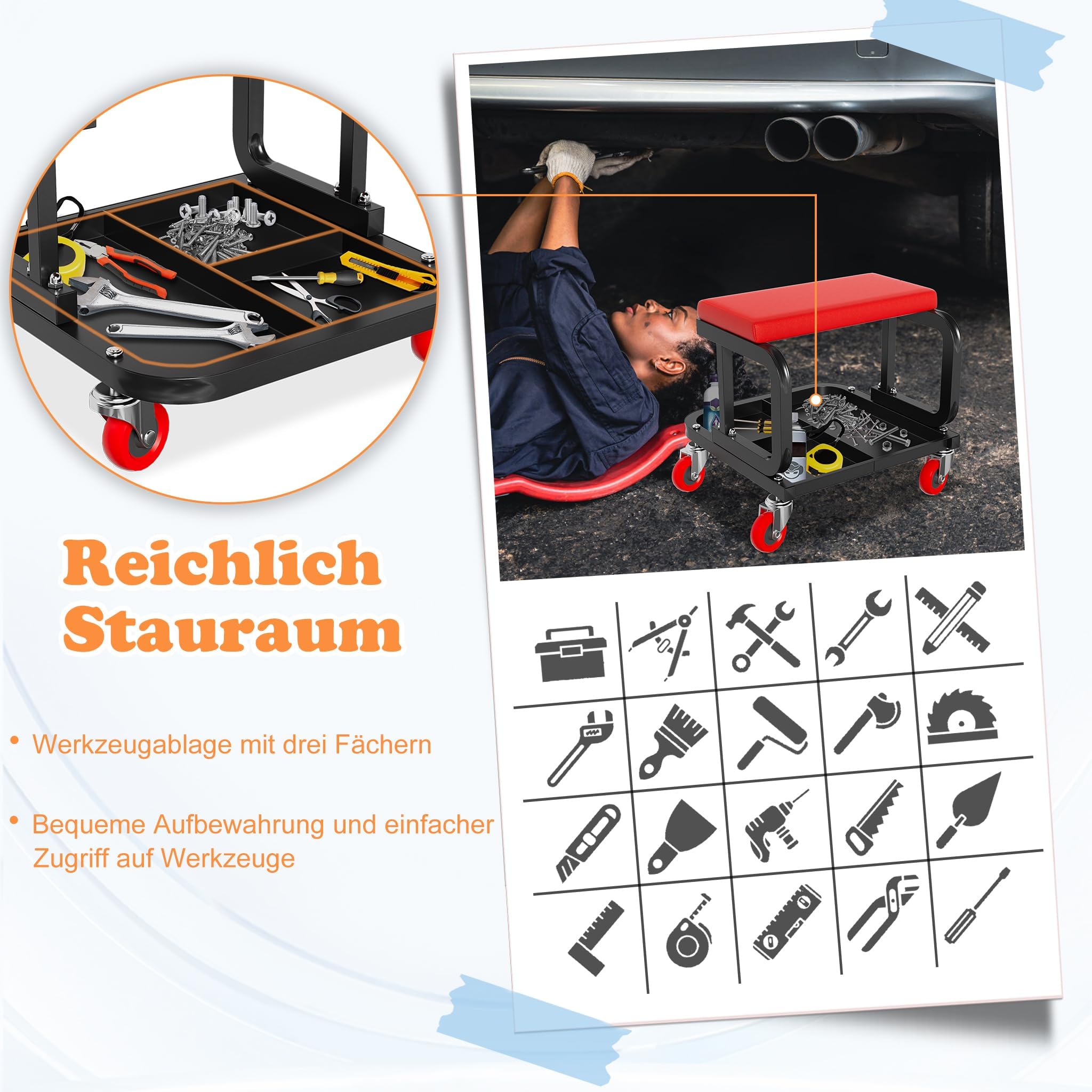 UISEBRT Sgabello da officina mobile con ripiano e ruote, per garage, da lavoro, portata 150 kg, per officina, cura dei veicoli, manutenzione della macchina e fai da te (rettangolare)