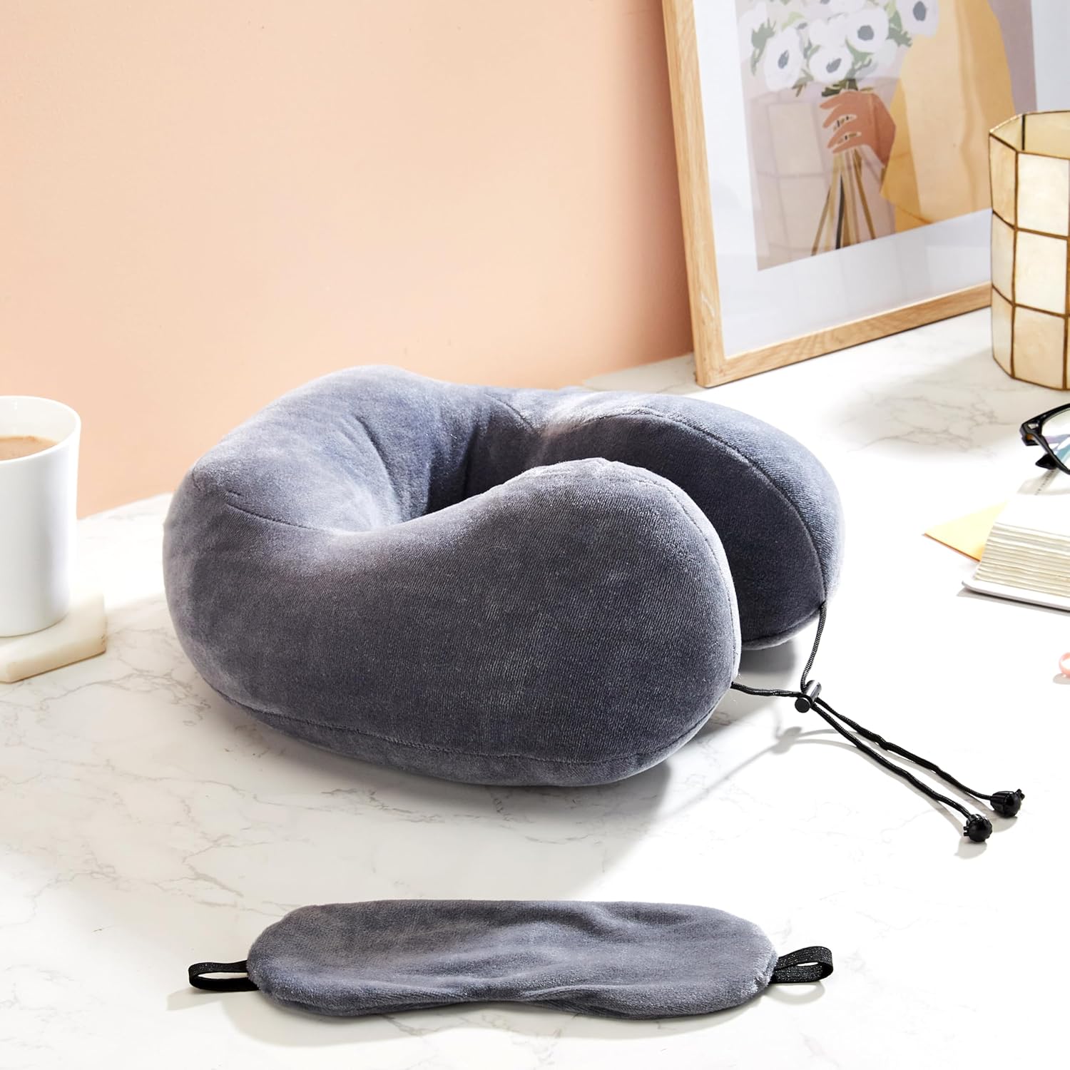 Diwali Sale Amazon Basics Premium Travel Neck Pillow + Sleeping Eye Mask Combo L Comfortable| Soft Velvet Fabric I Grey