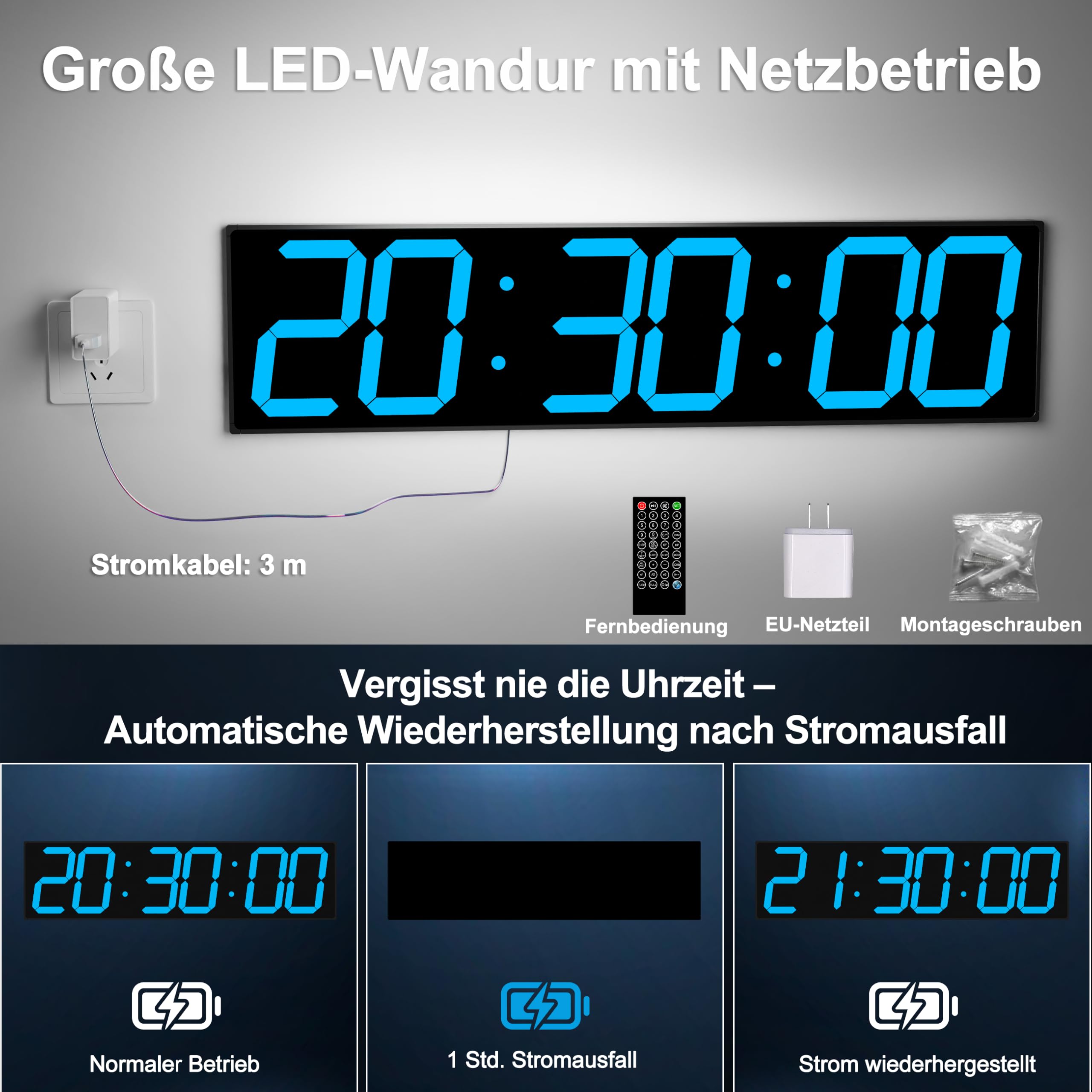 CHKOSDA XXL Große LED Digitale Wanduhr 70cm mit GPS Zeitsynchronisation | Ohne WLAN. 50m Lesbarkeit, Fernbedienung, 8-stufige Helligkeit, Timer, Netzbetrieb für Büro, Fitnessstudio & Schule. Eisblau