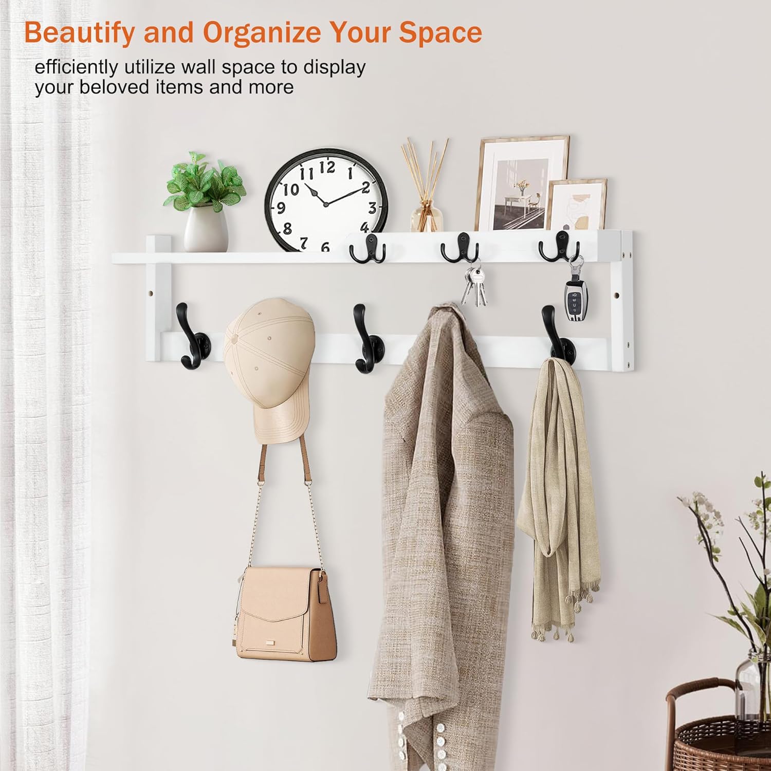 29'' Coat Rack Wall Mount with Shelf, Coat Hanger Wall Mount with Key Hooks and Mail Holder, Wood Entryway Floating Shelf with Hooks and Storage, Hat Rack for Wall Key Holder Mail Organizer
