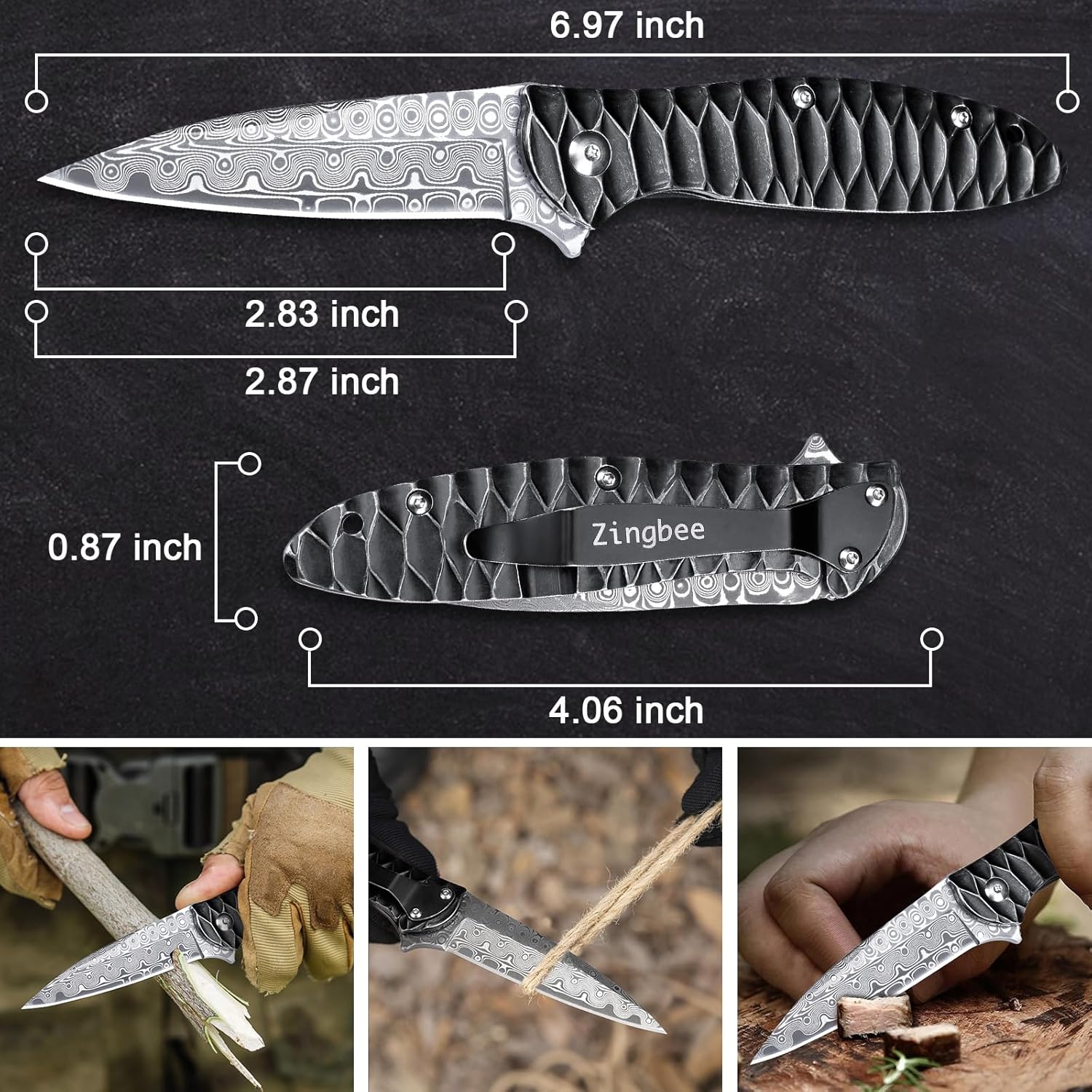 Zingbee Damascus Pocket Knife, 2.87" Damascus Blade Folding Knives with Stainless Steel Handle, EDC Knife for Camping Hiking Hunting Gift