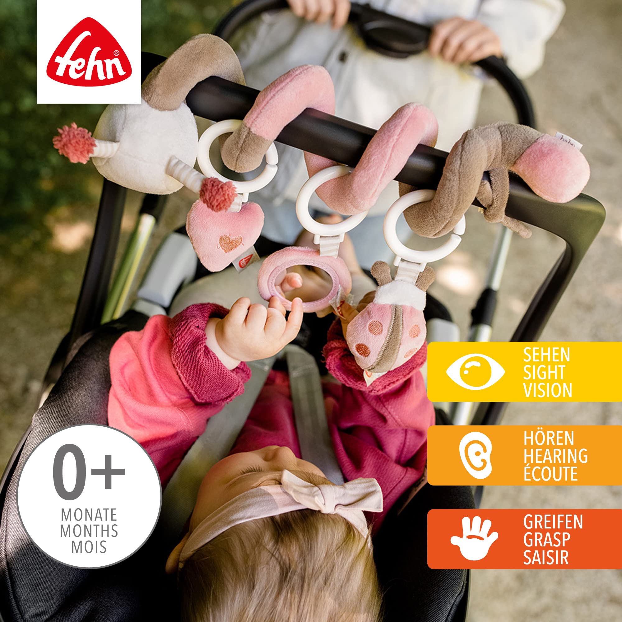 Fehn Musik Mobile Bruno - Baby Einschlafhilfe Musikspielzeug mit süßen Tieren & Activity Spirale Biene - Kinderwagen Spielzeug zum Fühlen und Greifen