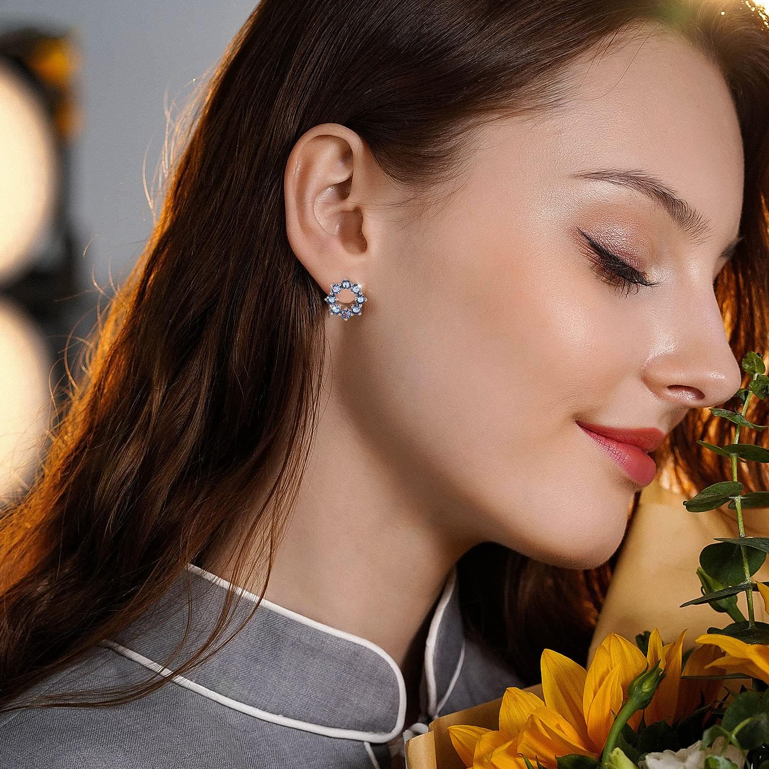 Richapex Sapphire Earrings for women, 18K Gold Plated Crystal Flower Earrings | Small Hoop Earring |Gold Earring for Women - Image 4