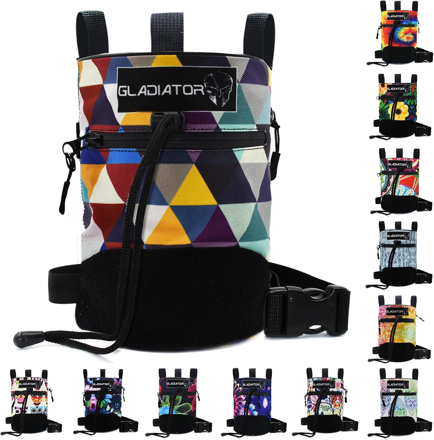GLADIATOR GYM GEAR Climbing Chalk Bag , Drawstring Hand Chalk Bag with Pockets , Loop and Adjustable Belt, Chalk Bag for Rock Climbing , Weightlifting and Gymnastic (Prism Pattern) : Sports & Outdoors