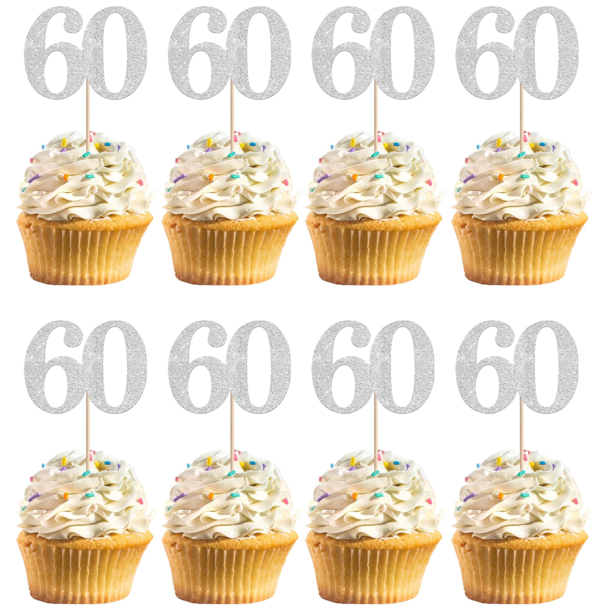 Xsstarmi 36 Pack Number 60 Cupcake Toppers Silver Glitter Cheers to 60 Years Birthday Cupcake Picks Decoration for Happy 60th Birthday Wedding Anniversary Party Cake Decorations