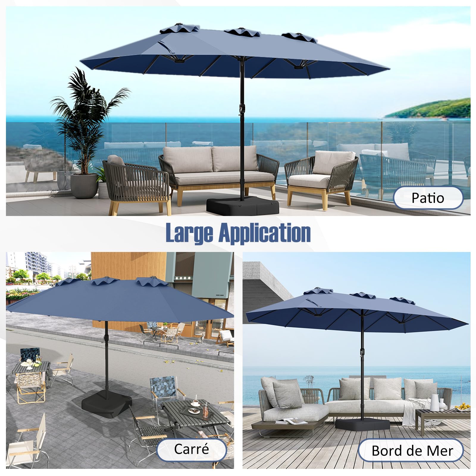 RELAX4LIFE Grand Parasol Double avec Pied 4,7M, Grand Parasol de Jardin Extérieur avec Manivelle, 12 Baleines, Base Croix, Sacs de Sable, Ventilé, Protection Solaire pour Terrasse Marché (Bleu foncé)