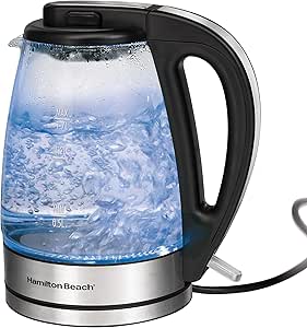 Hamilton Beach 1.7 L Glass Electric Kettle for Tea and Water, Cordless, LED Indicator, Auto-Shutoff and Boil-Dry Protection, Brushed Metal (40865), Clear