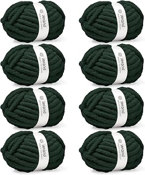 Inhand Dark Green Chunky Chenille Yarn for Hand Knitting,Thick Bulky Christmas Blanket Yarn for Crocheting,Soft Fluffy Yarn for Crochet Holiday Gifts for Women/Beginners,8 Pack 29.5Yds/8.4oz Each