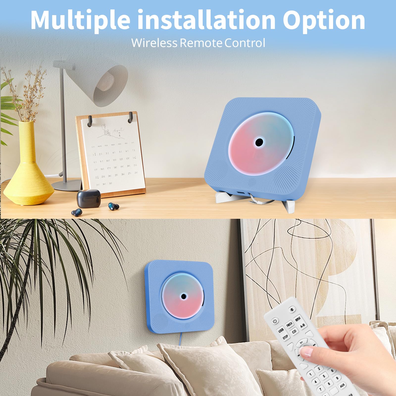 Adirigo Kpop Draagbare desktop-cd-speler met bluetooth, wandgemonteerde