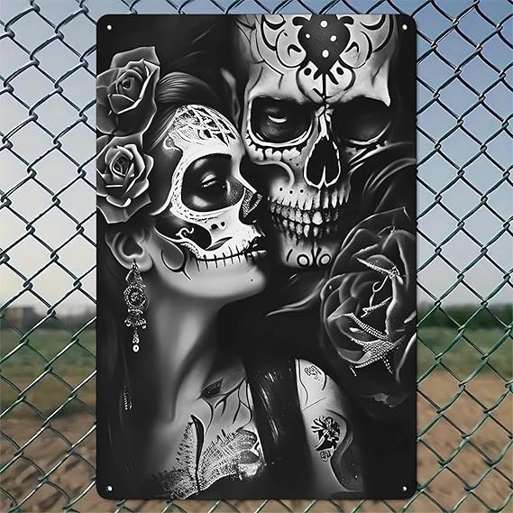Halloween Decorations Sugar Skull Embrace Roses Rustic Aluminum Wall Art & Metal Tin Sign - 8x12in Vintage Indoor Outdoor Decor for Home, Office, Cafe, Yard & Garden,Farm