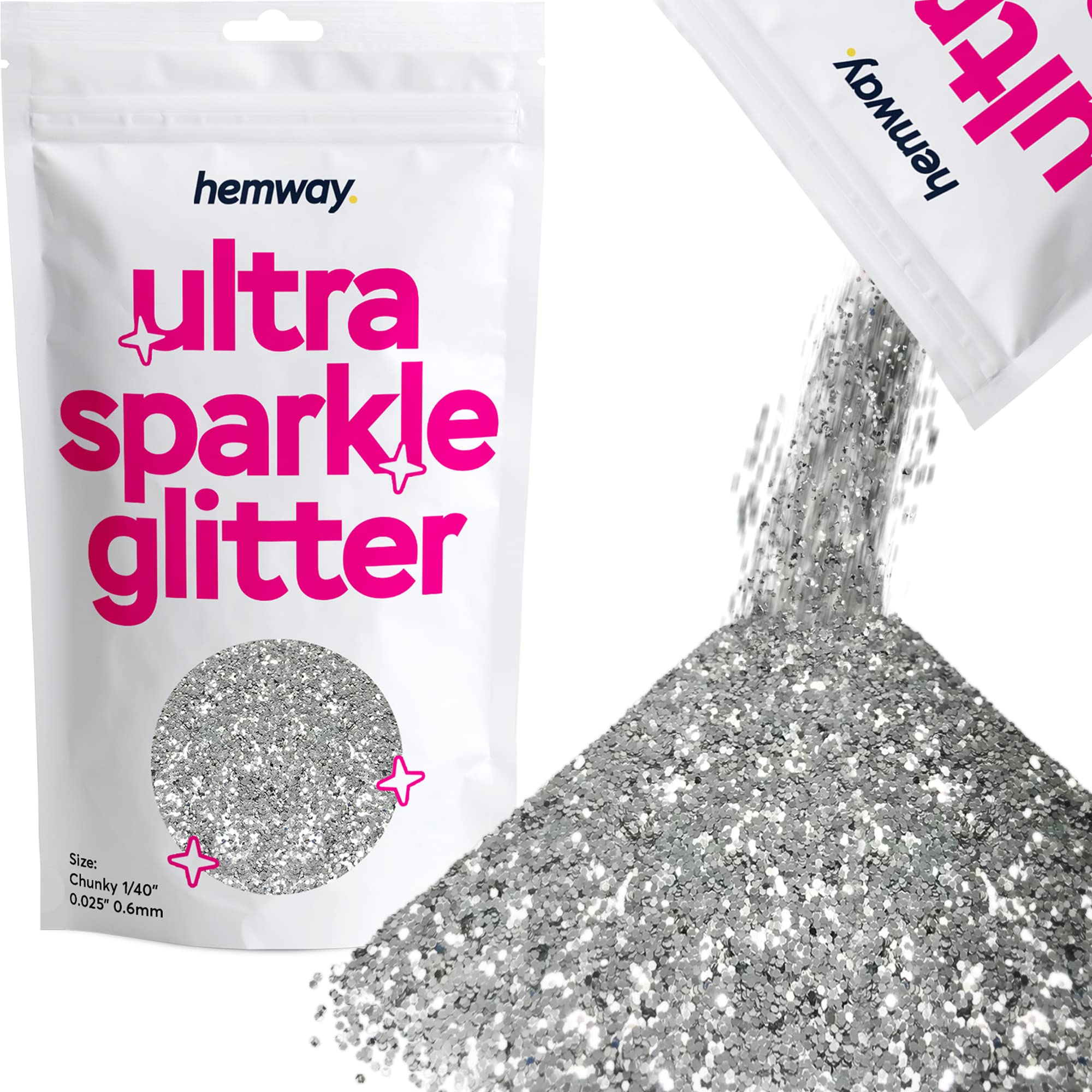 HemwayPremium Ultra Sparkle Glitter Multi Purpose Metallic Flake for Arts Crafts Nails Cosmetics Resin Festival Face Hair - Silver - Chunky (1/40" 0.025" 0.6mm) 100g / 3.5oz