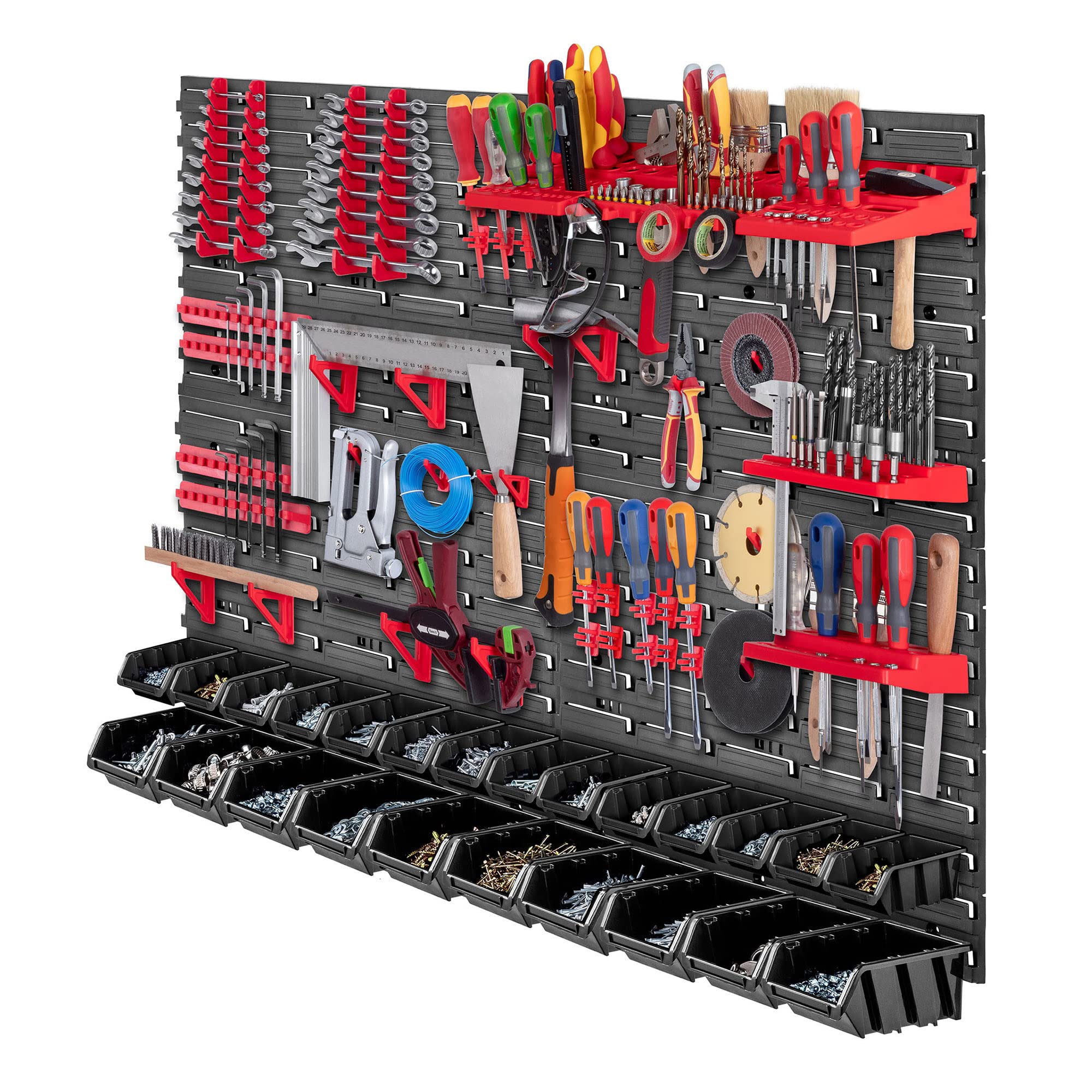 KADAX Estantería de pared para taller, 116 x 78 cm, sistema de almacenamiento de plástico resistente, resistente a los rayos UV, paneles de pared ampliables, estantería (rojo y negro, 67 piezas)