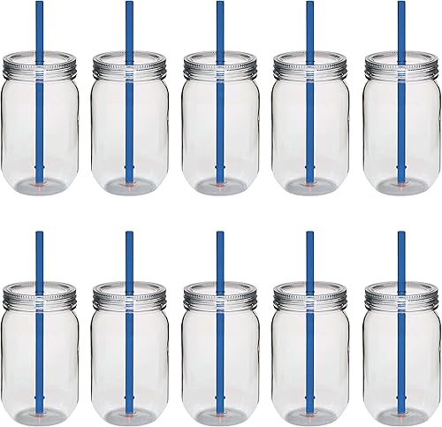 DISCOUNT PROMOS Juego de 10 tarros de plástico con pajita, 24 onzas, paquete a granel, tarros para avena nocturna, dulces, frutas, pepinillos, disponible en Yaxa Costa Rica