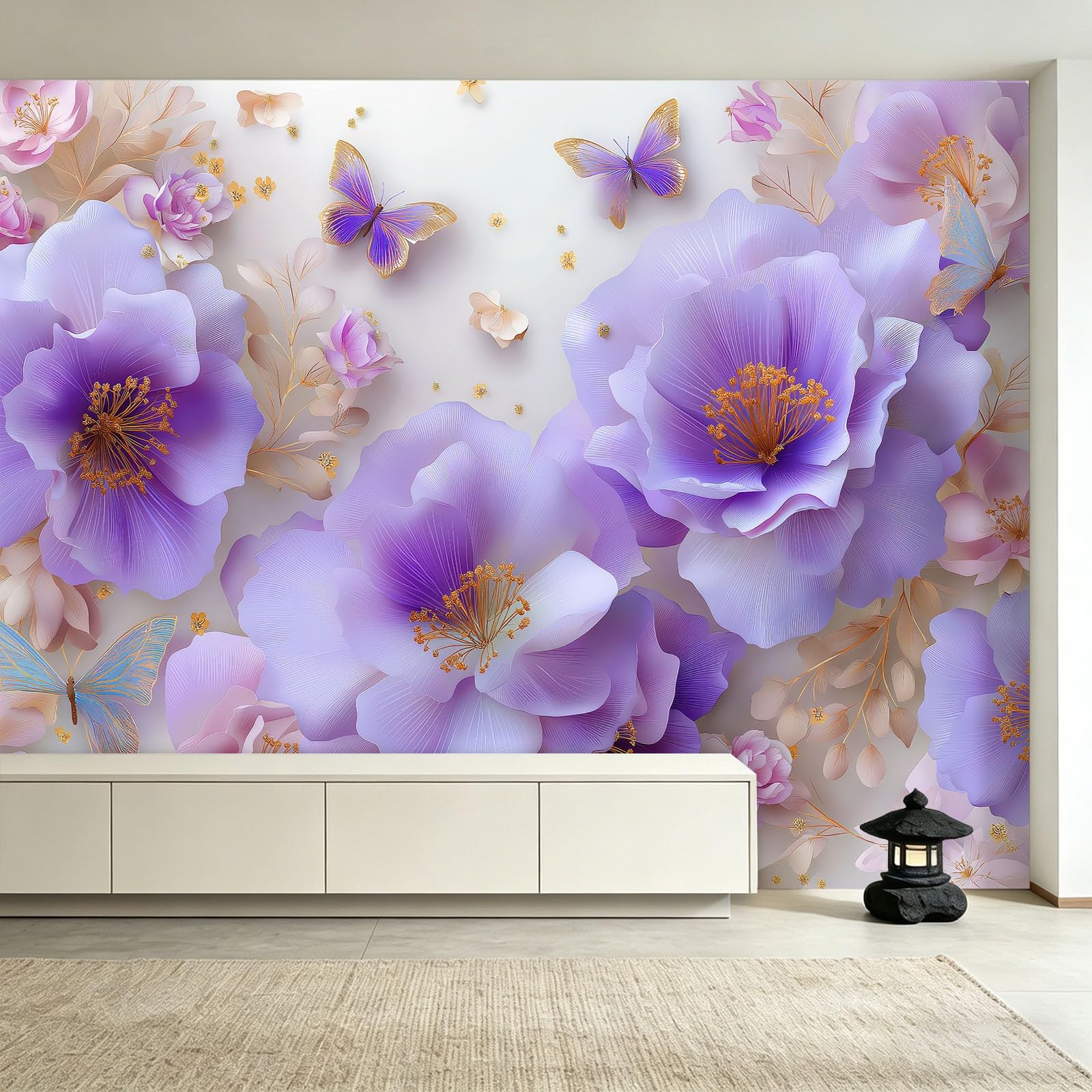 Générique Tapeta z włókniny 3D 300 x 210 cm, tapeta z motywem motyli, gałęzie liści panoramicznych, łatwa do zainstalowania dekoracja ścienna, do salonu, sypialni, kuchni