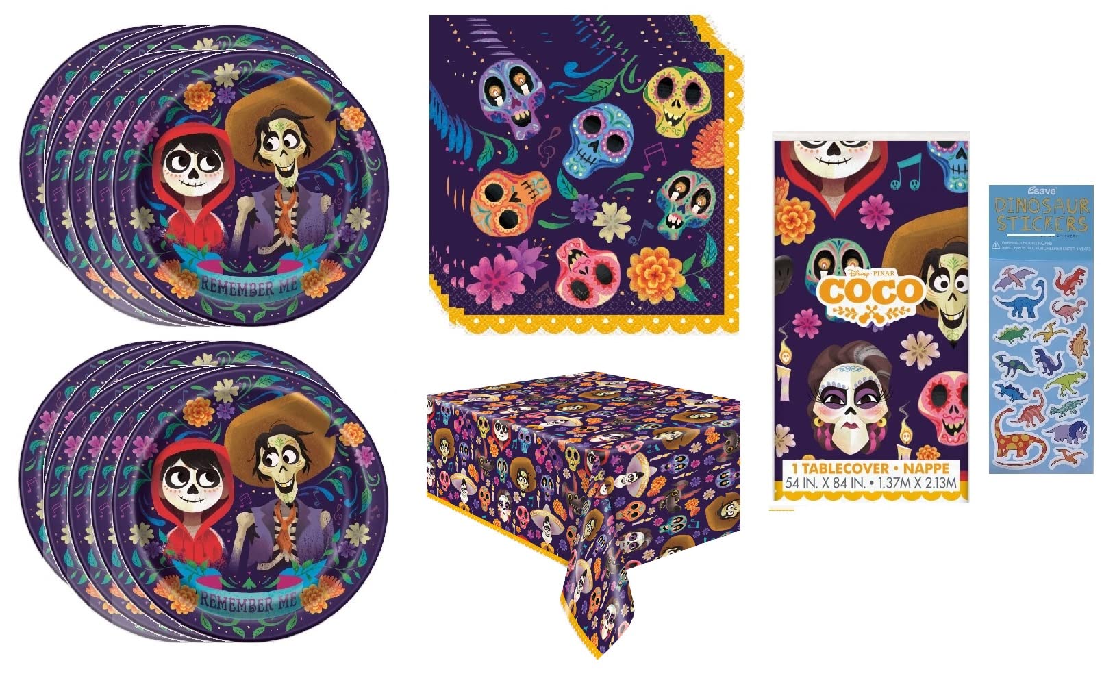 Coco Party Supplies Bundle Pack includes 16 Lunch Plates, 16 Napkins, 1 Table Cover, 1 Dinosaur Sticker Sheet (Bundle for 16)
