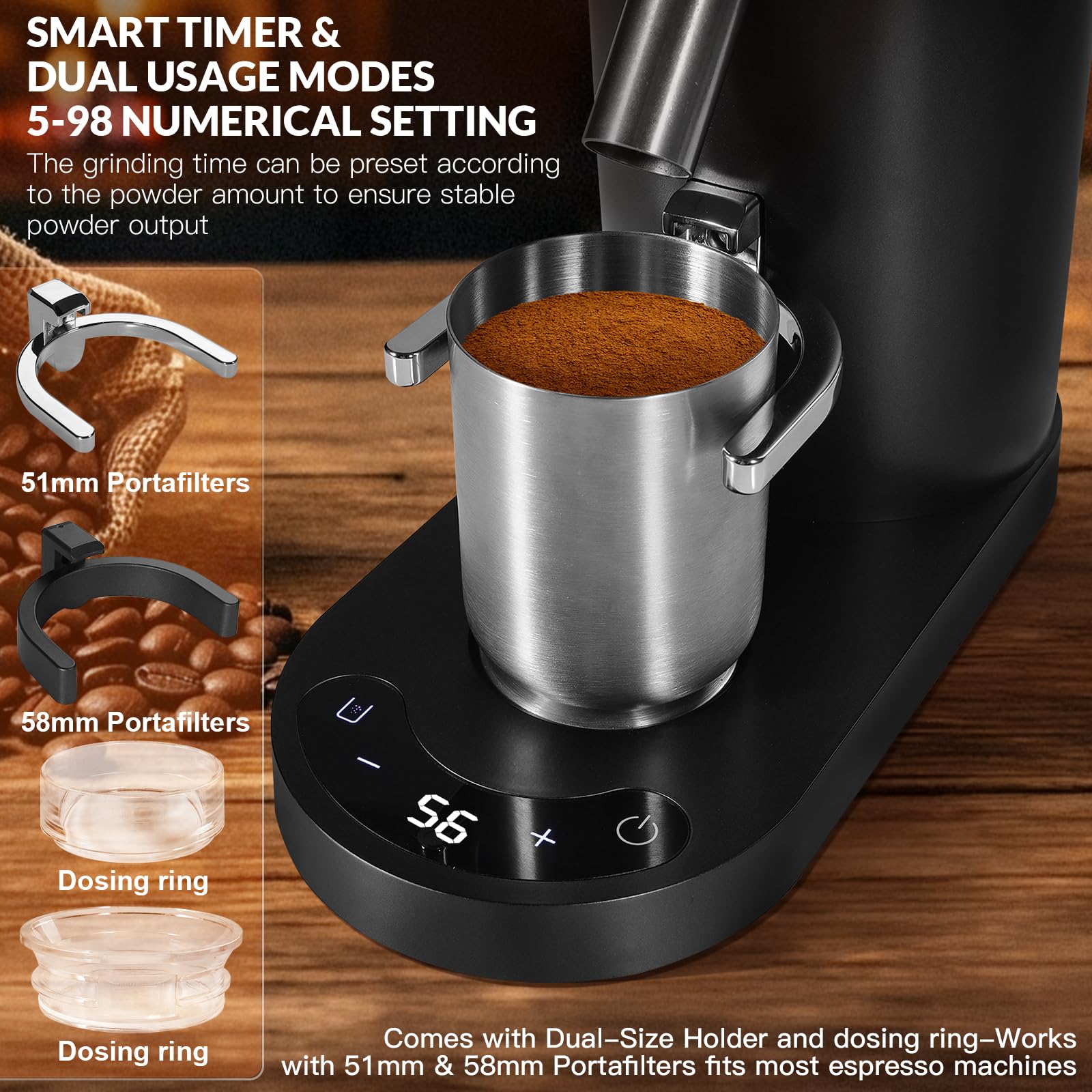 Molinillo de café, recargable, inalámbrico, de acero inoxidable, cónico, con soplador de aire, 60 ajustes de molienda, antiestático, compacto y silencioso para el hogar, oficina, camping, color negro