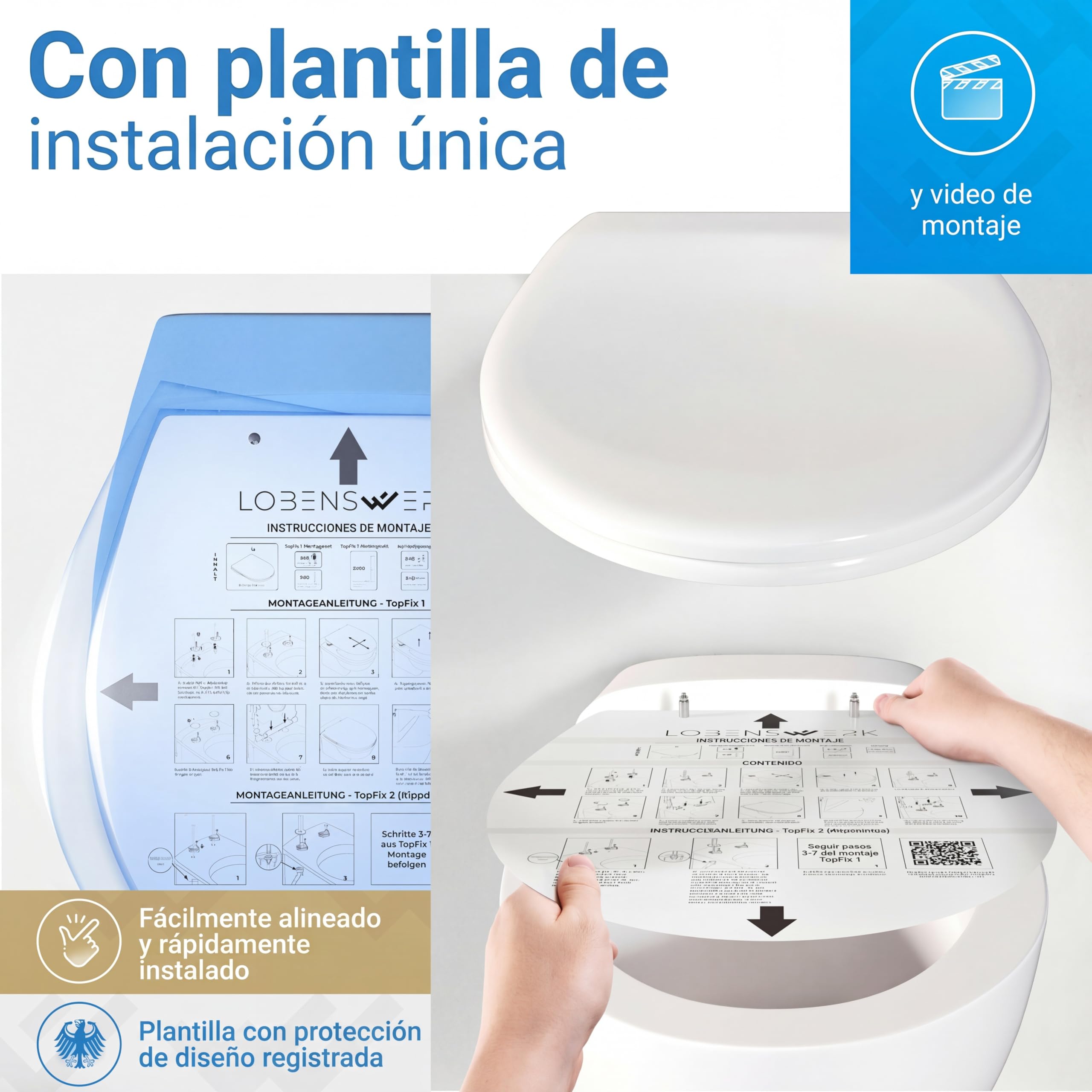 LOBENSWERK Tapa WC de water con Cierre Suave [Montaje Fácil] antibacteriana y resistente UV | Función Quick Release | Tapa de WC, Asiento Inodoro, tapa inodoro incl. plantilla de instalación