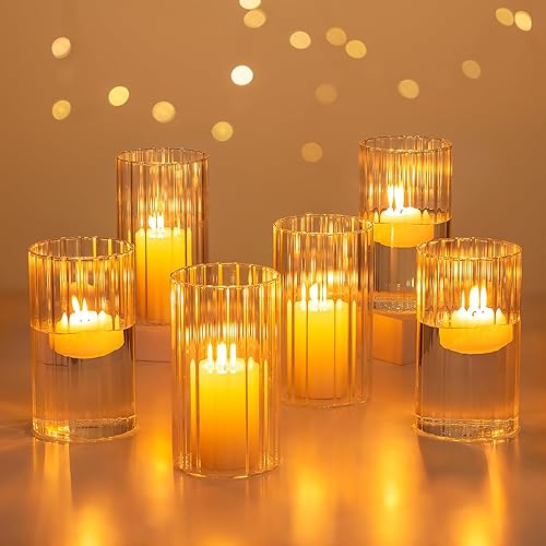 Glasseam Candelabros de cristal de huracán 6 portavelas transparentes para velas de pilar acanaladas modernas, jarrones cilíndricos decorativos para