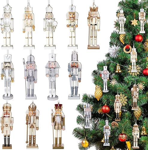 Juego de 48 adornos de cascanueces de Navidad, adornos de Navidad para rey y soldado, adornos de Navidad colgantes dorados y plateados con