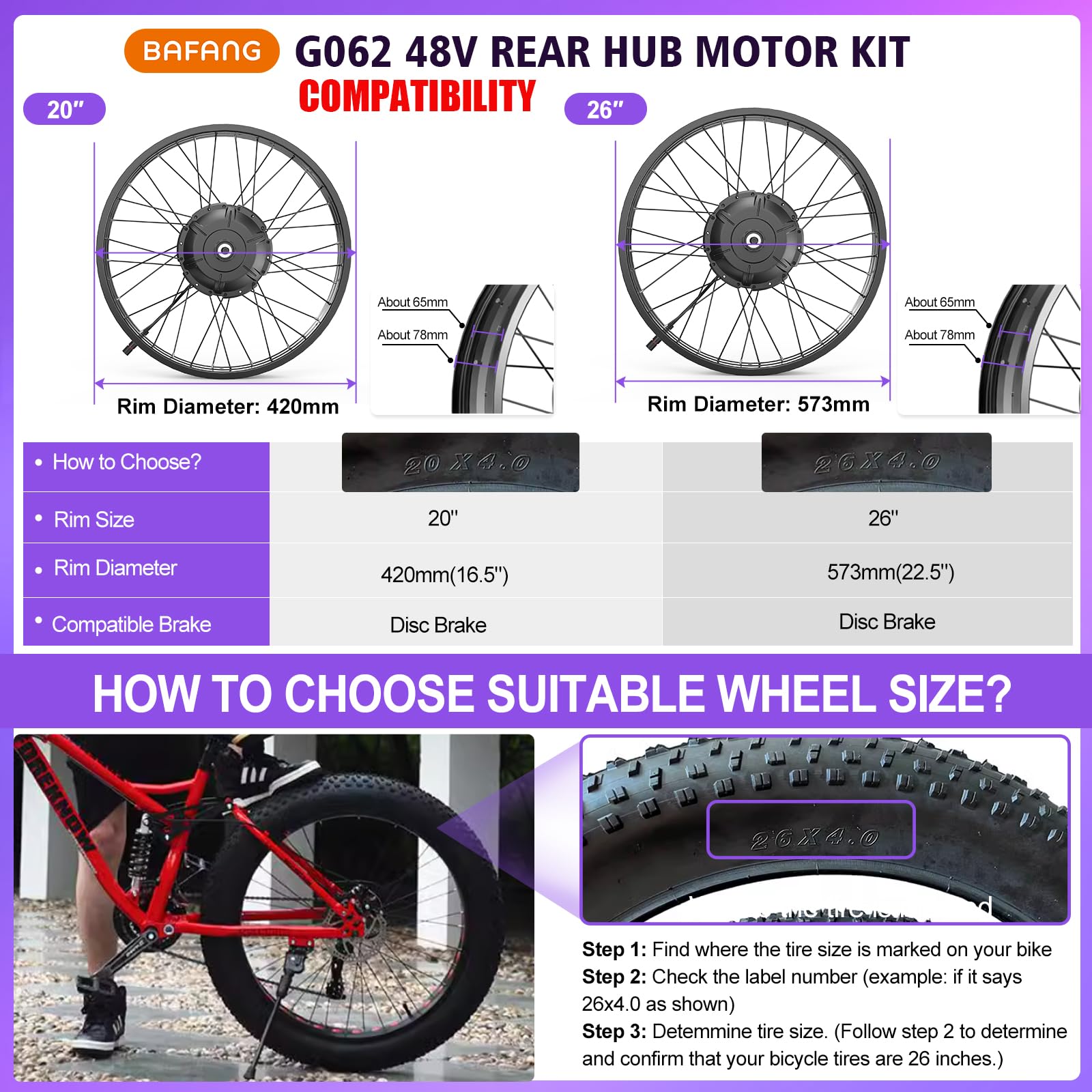 BAFANG 48V Kit Conversion Bicicleta Electrica G062 Motor Trasero 20" 26" | Pantalla y Batería Opcionales - Kit Conversión Motor sin Escobillas Fat Tire Ebike para Ciudad, Nieve, Playa y MTB 175mm