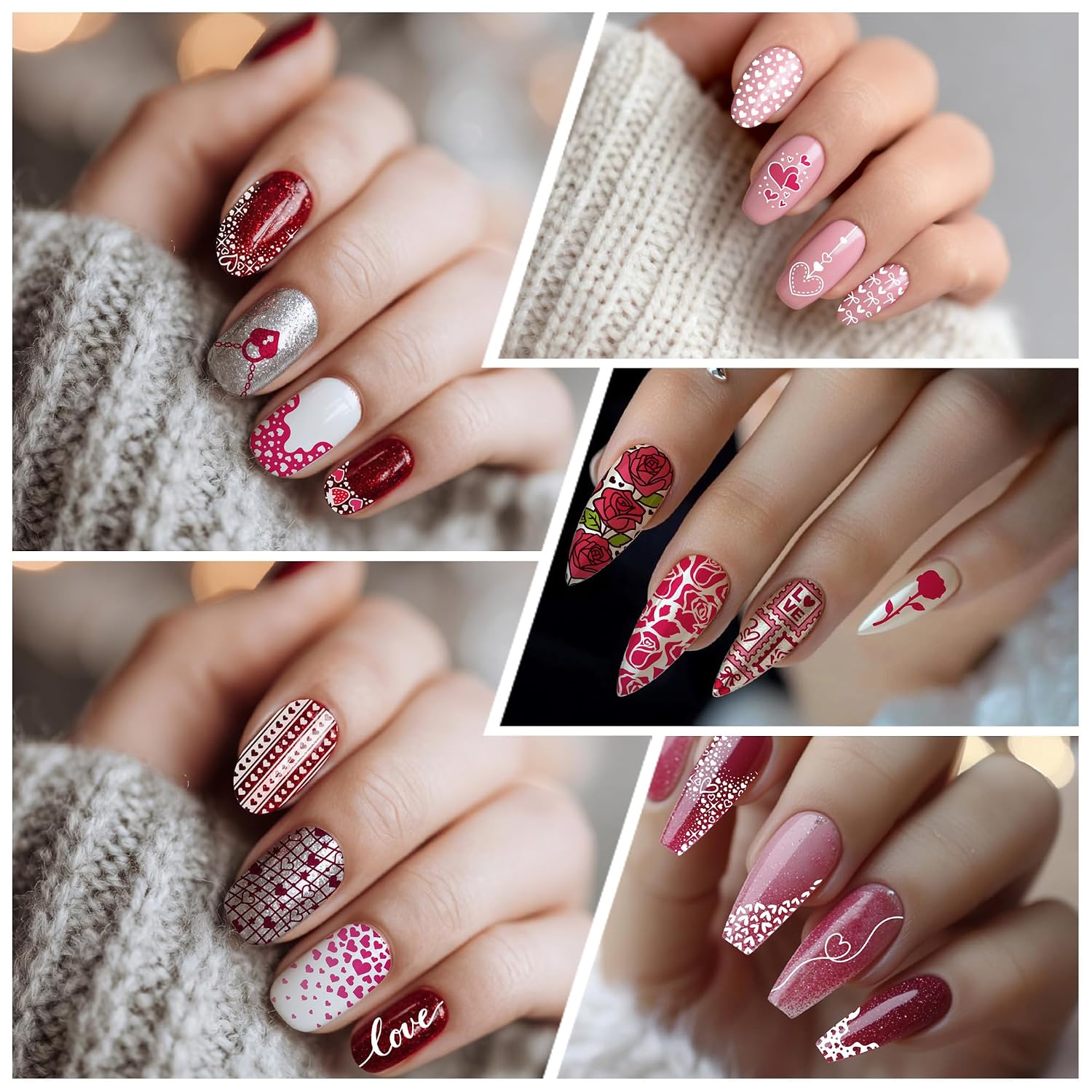 Valentines Day Nail Art Stamping Plates Set of 3 - Hearts, Roses, Bows & Plaid French for Romantic Feminine Nail Art Designs DIY Manicure Saloon Tools Supplies