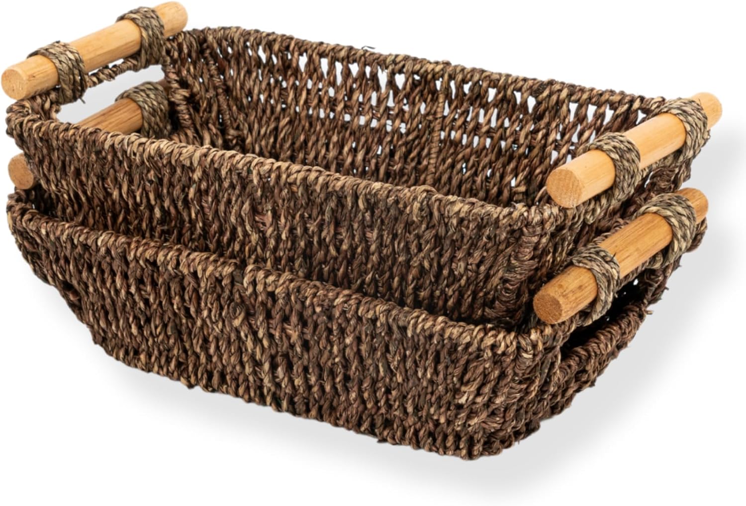 Wicker Storage Baskets for Shelves with Wooden Handles, Ella Seagrass Wicker Baskets for Shelves & Storage, Handwoven Seagrass & Water Hyacinth Baskets, Set of 2, Small, Brown Small Brown