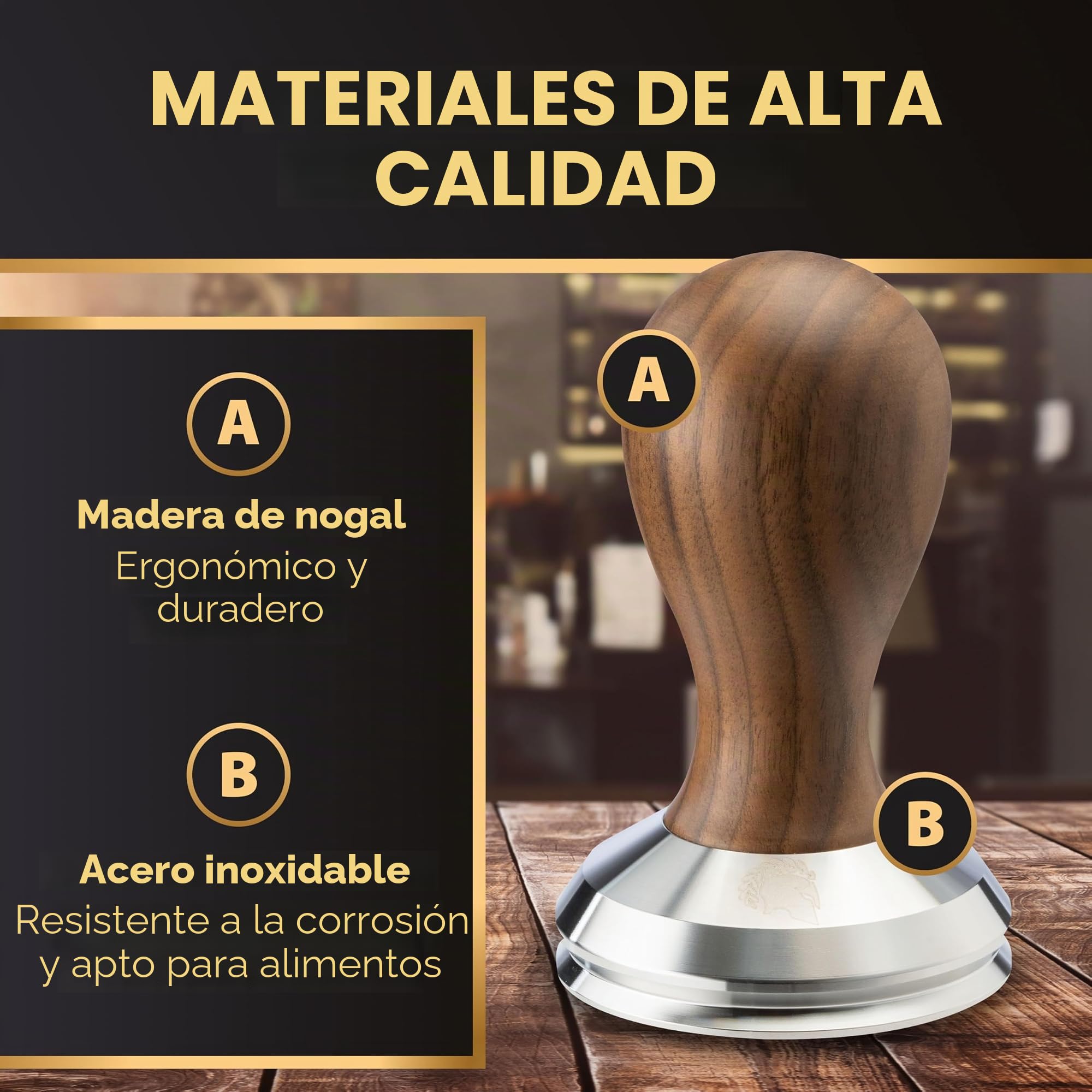 Barista Legends® Tamper de 58,5 mm – Prensador de espresso premium de acero inoxidable con mango de madera – Base anti_vacío para un disco uniforme sin canalizar – Accesorio perfecto para los amantes