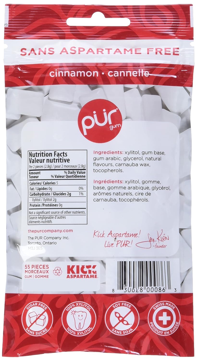 PUR Gum | Sugar Free Chewing Gum | 100% Xylitol | Vegan, Aspartame Free, Gluten Free & Diabetic Friendly | Natural Cinnamon Flavored Gum, 55 Pieces (Pack of 1) : Grocery & Gourmet Food