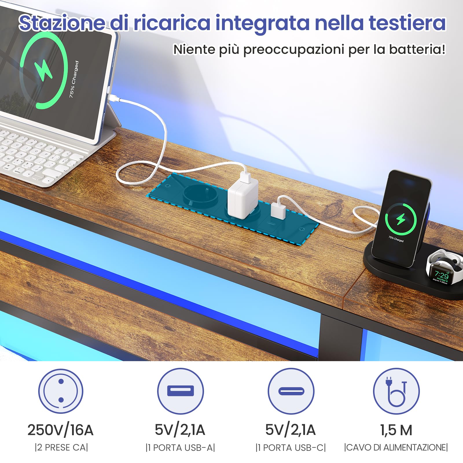 Brinlawb Letto 180x200 con base a doghe in metallo, struttura letto matrimoniale 180x200cm con illuminazione a LED e stazione di ricarica (2 prese CA, 1 porta USB e 1 porta Type-C)