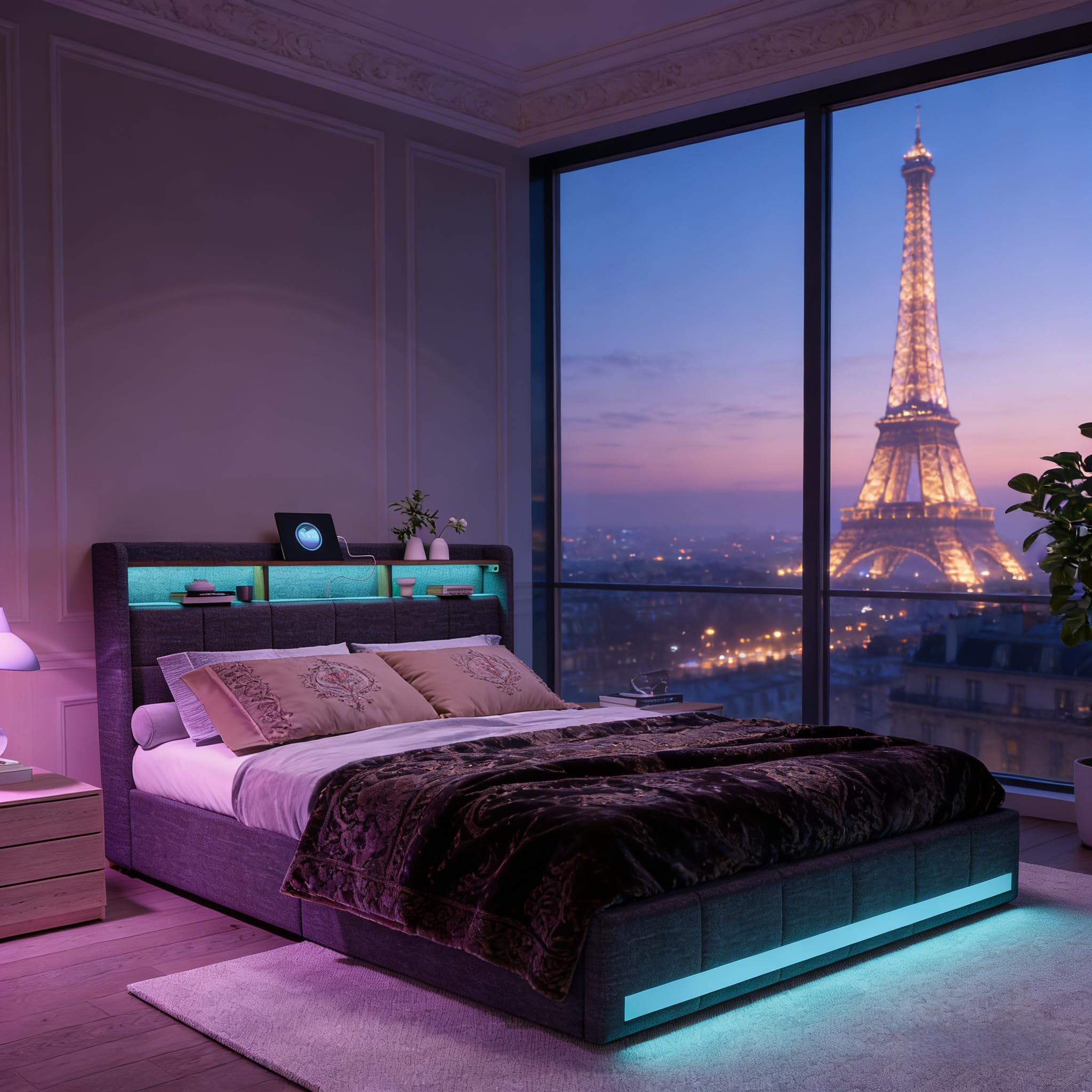 Boxspringbett 140x200 mit Lattenrost，Stilvolles Polsterbett mit Stauraum, 4 Schubladen, Individueller LED-Beleuchtung, USB und Typ-C-Anschlüssen, Modernes Graues Design für optimalen Komfort
