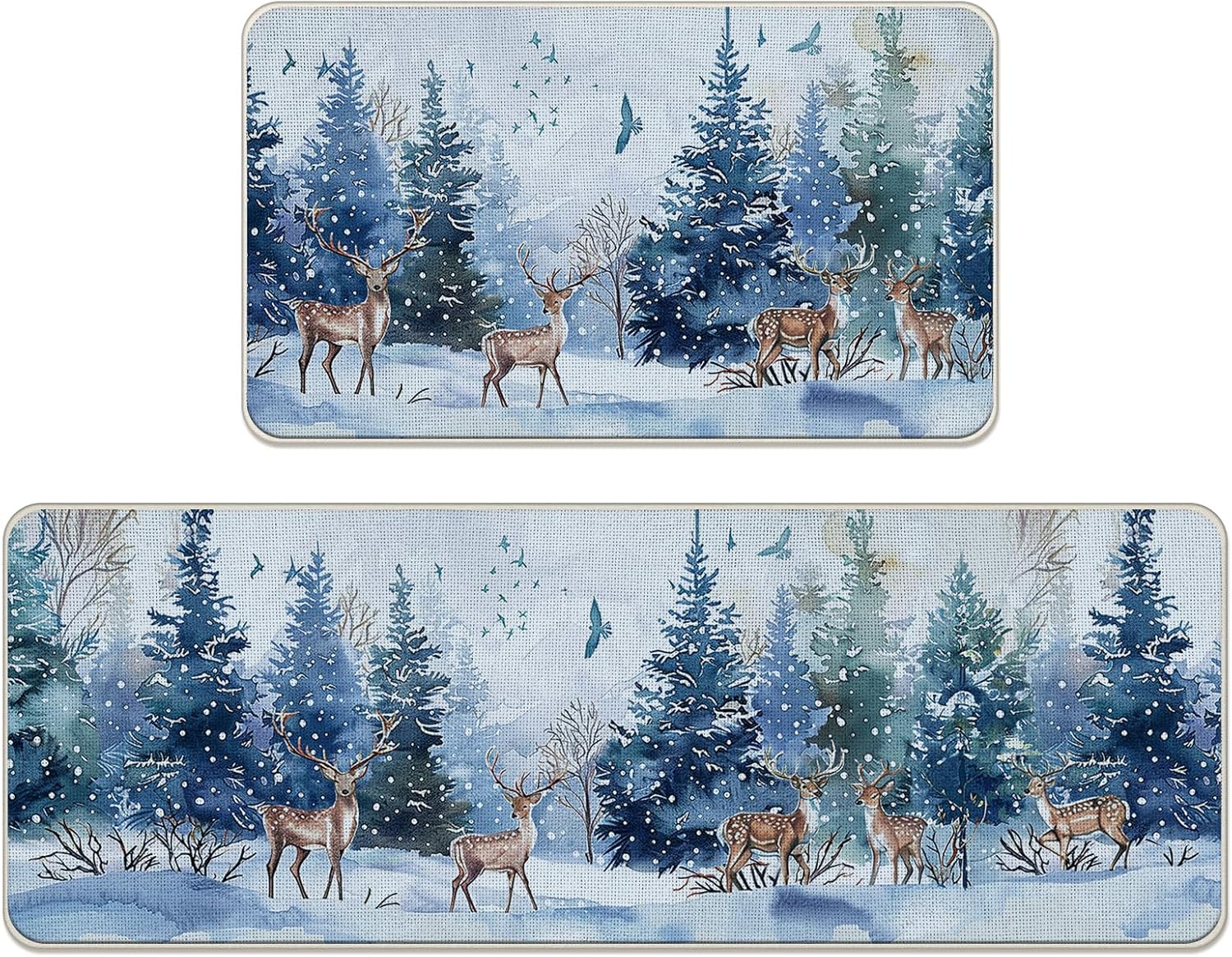Winter Forest Reindeer Kitchen Rugs Set of 2, Watercolor Snowy Pine Tree Birds Floor Mats Home Decor, Christmas Woodland Seasonal Door Mat Decorations - 17x29 and 17x47 Inches
