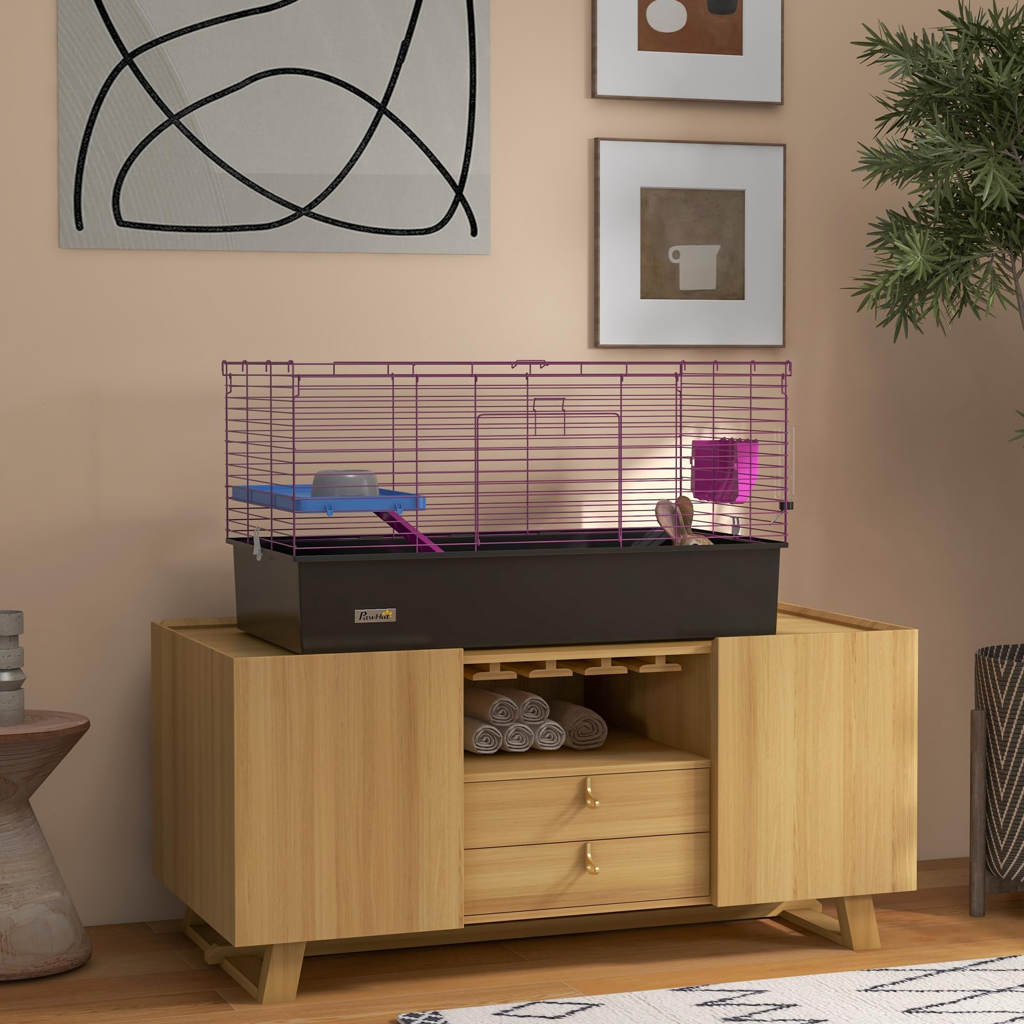PawHut Jaula para Conejillos de Indias para Chinchillas, Jaula para Animales pequeños con rampa, Plato, Botella de Agua, 99 x 52 x 53 cm, Color Negro | Jaula para animales pequeños, plato, botella de agua