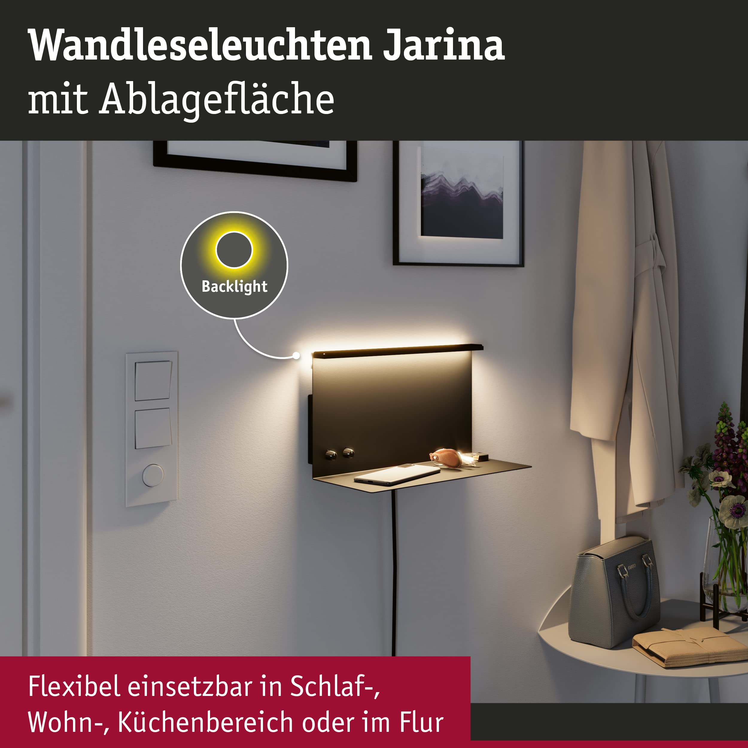 Paulmann 96773 LED Wandleuchte Jarina USB C 4,5 / 1x1,6W 540lm / 200lm dimmbar 350x170mm Schwarz matt Metall 3000K