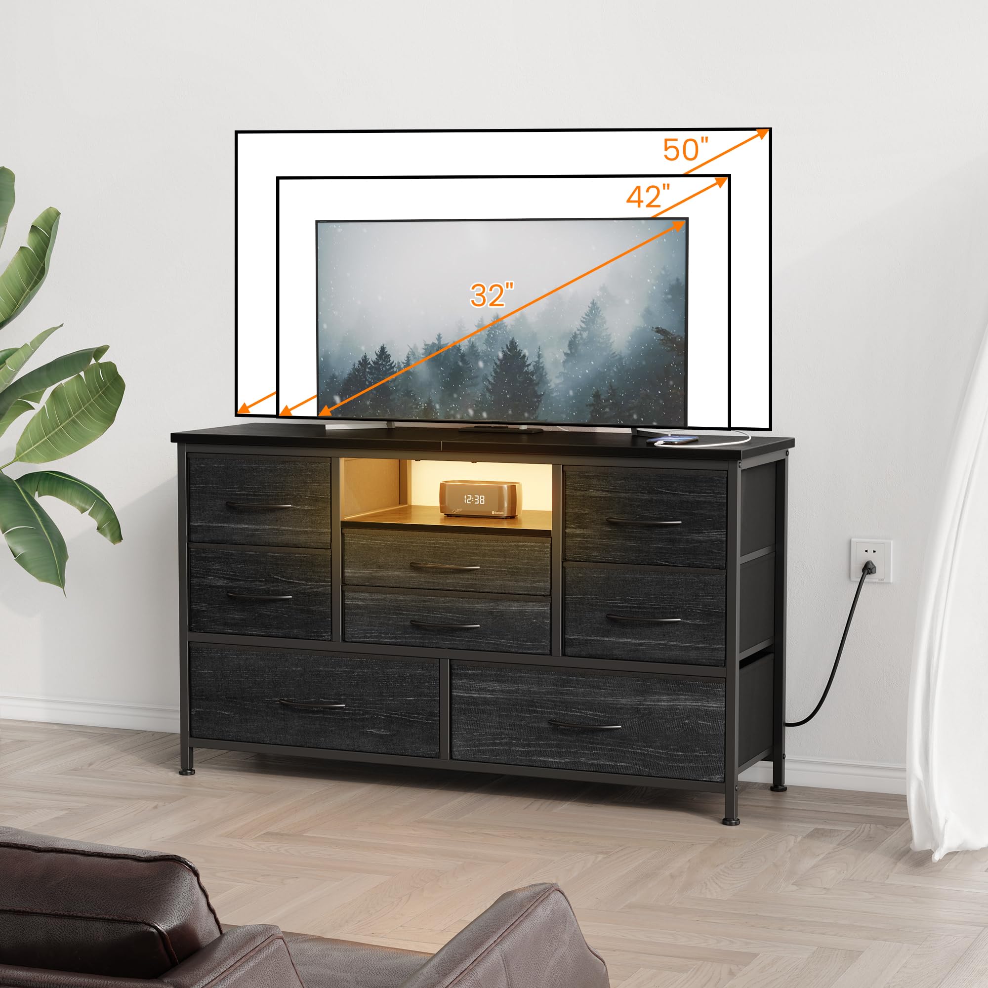 GarveeHome TV-Lowboard Mit Steckdosenleiste Inkl. USB & LED-Beleuchtung, 8–10 Stoffschubladen, Holzplatte, Für TVs Bis 55 Zoll, Breite TV-Konsole Stauraum Metallrahmen
