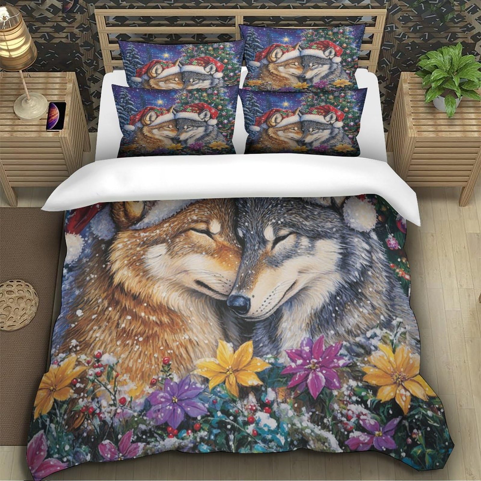 lupi di Natale Impressione 3D 3 pz cover piumone arte della fauna selvatica in vacanza coperteletto microfibra morbida ipoallergenica per adolescenti uomini adulti Double（200x200cm）