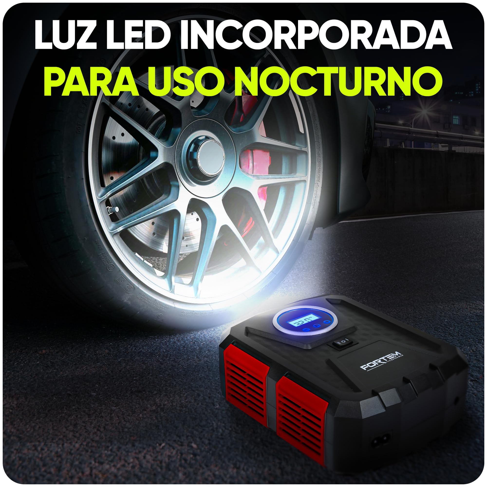 FORTEM Inflador de Ruedas de Coche, Compresor de Aire - Manómetro Digital, Autobombeo, Parada Automática - Bolsa de Transporte