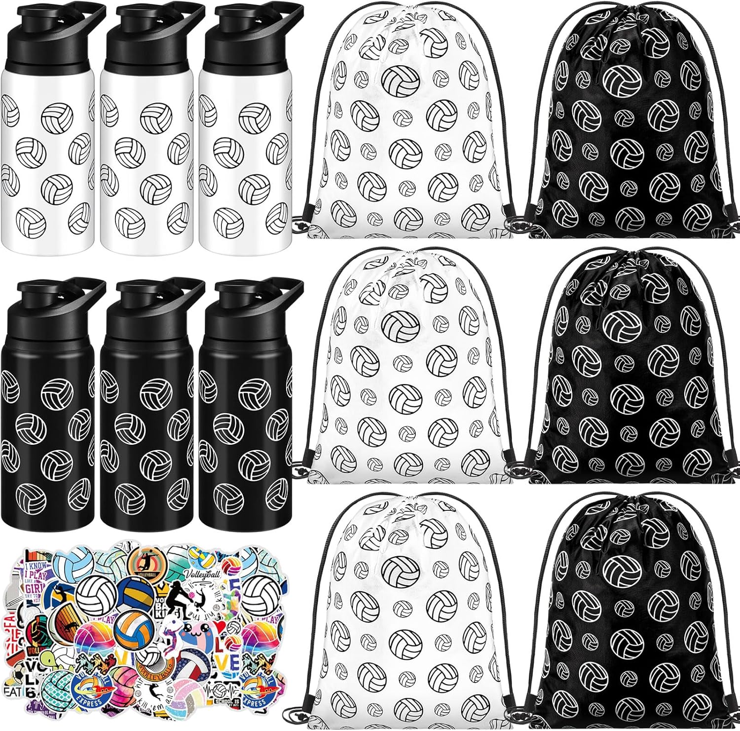 Skybooly 12 Pcs Sports Party Favors Set with Water Bottle Bulk Drawstring Gift Bag 50 Sticker Reusable Sports Aluminum Water Bottle Snap Lid Leakproof Ball Accessories for Team Gifts (Volleyball)