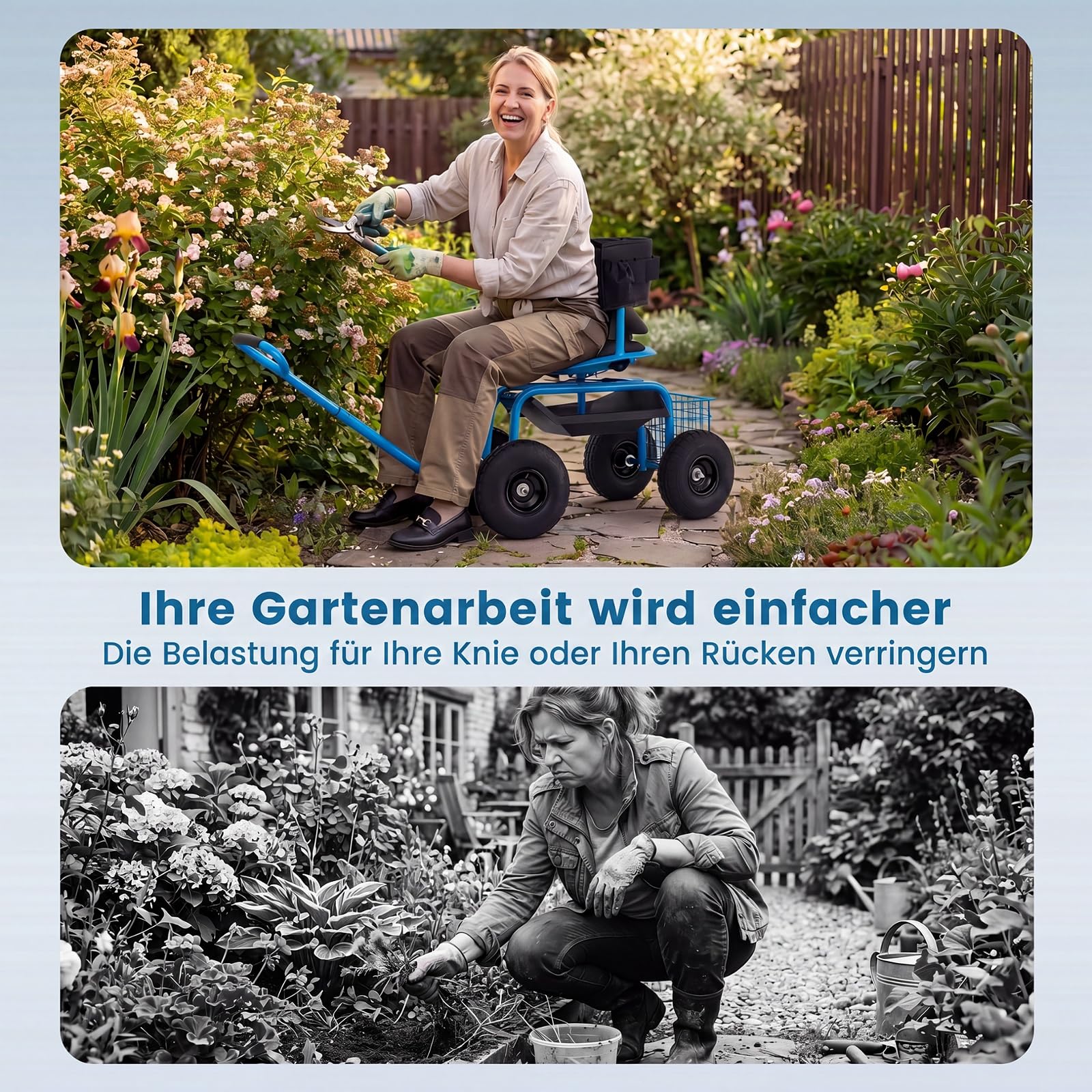 COSTWAY Gartenwagen mit Rollsitz & ausziehbarem Griff, Mobiler Gartensitz mit Ablage & Korb & Werkzeugtasche & Sitzkissen, 360 ° drehbar | höhenverstellbar, Lenkbarer Gartenhocker bis 135 kg (Blau)